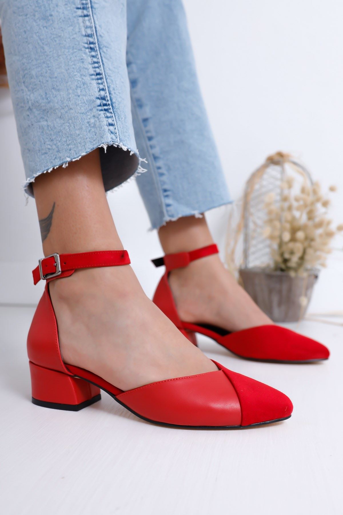 Holly Topuklu Kırmızı Cilt-Süet Ayakkabı