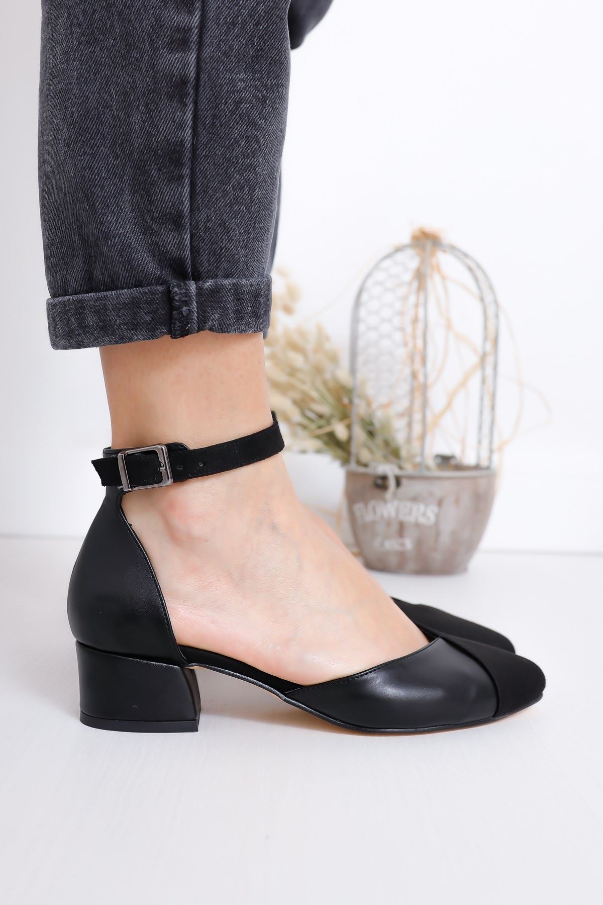 Holly Topuklu Siyah Cilt-Süet Ayakkabı