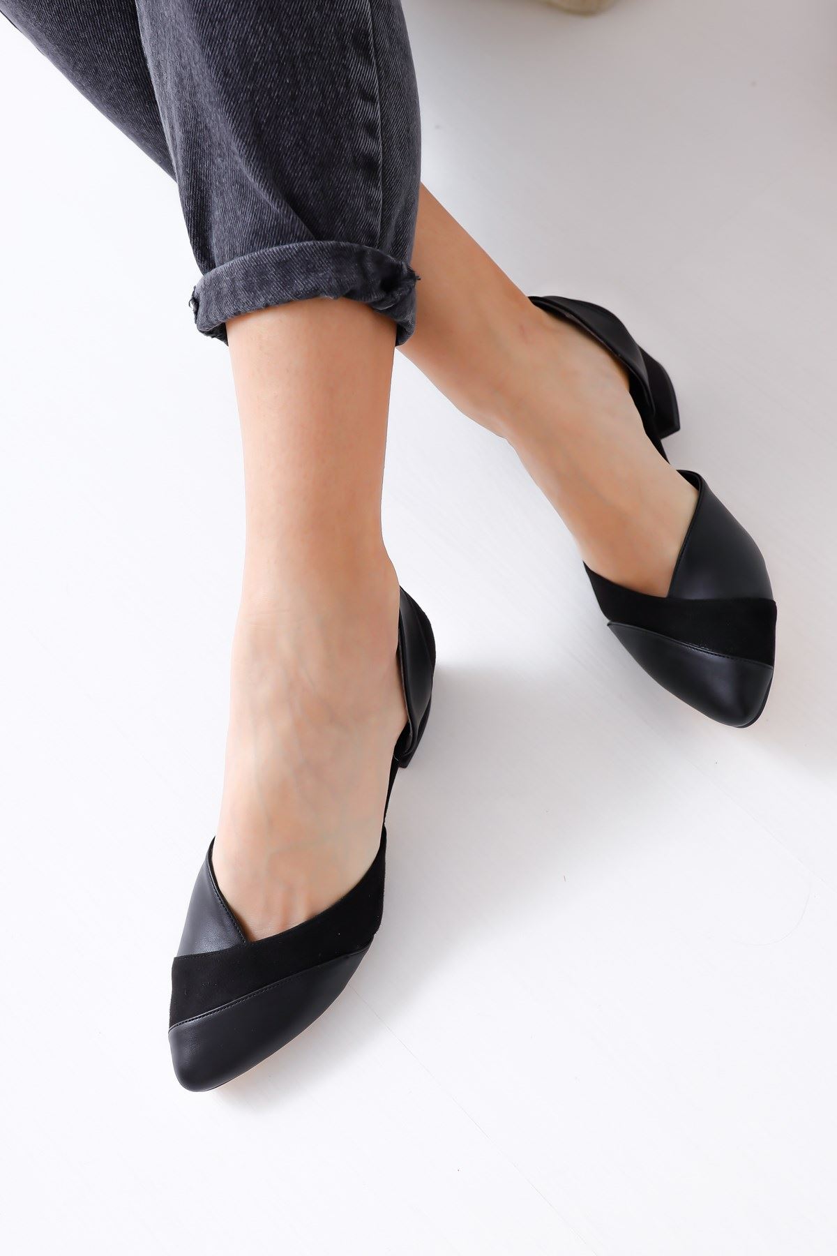 Leslie Topuklu Siyah Cilt-Süet Ayakkabı