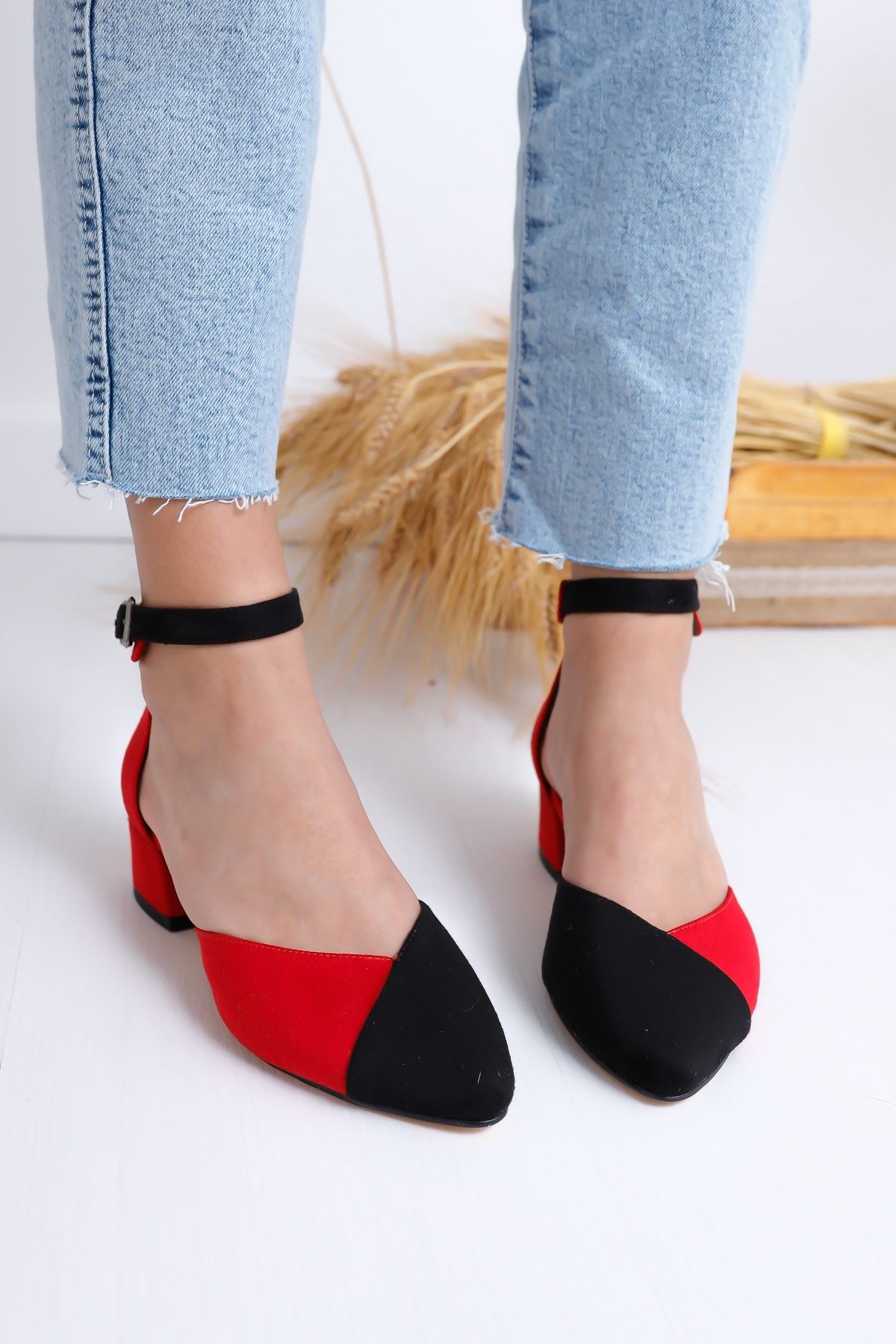 Kathy Topuklu Kırmızı-Siyah Süet Ayakkabı
