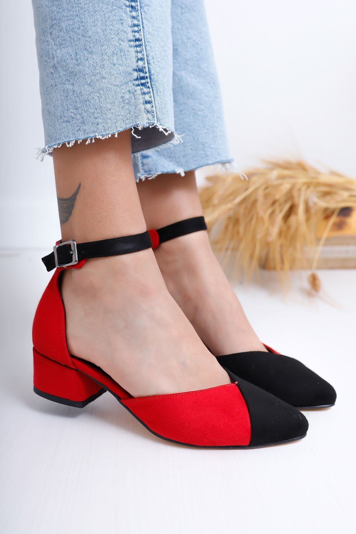 Kathy Topuklu Kırmızı-Siyah Süet Ayakkabı