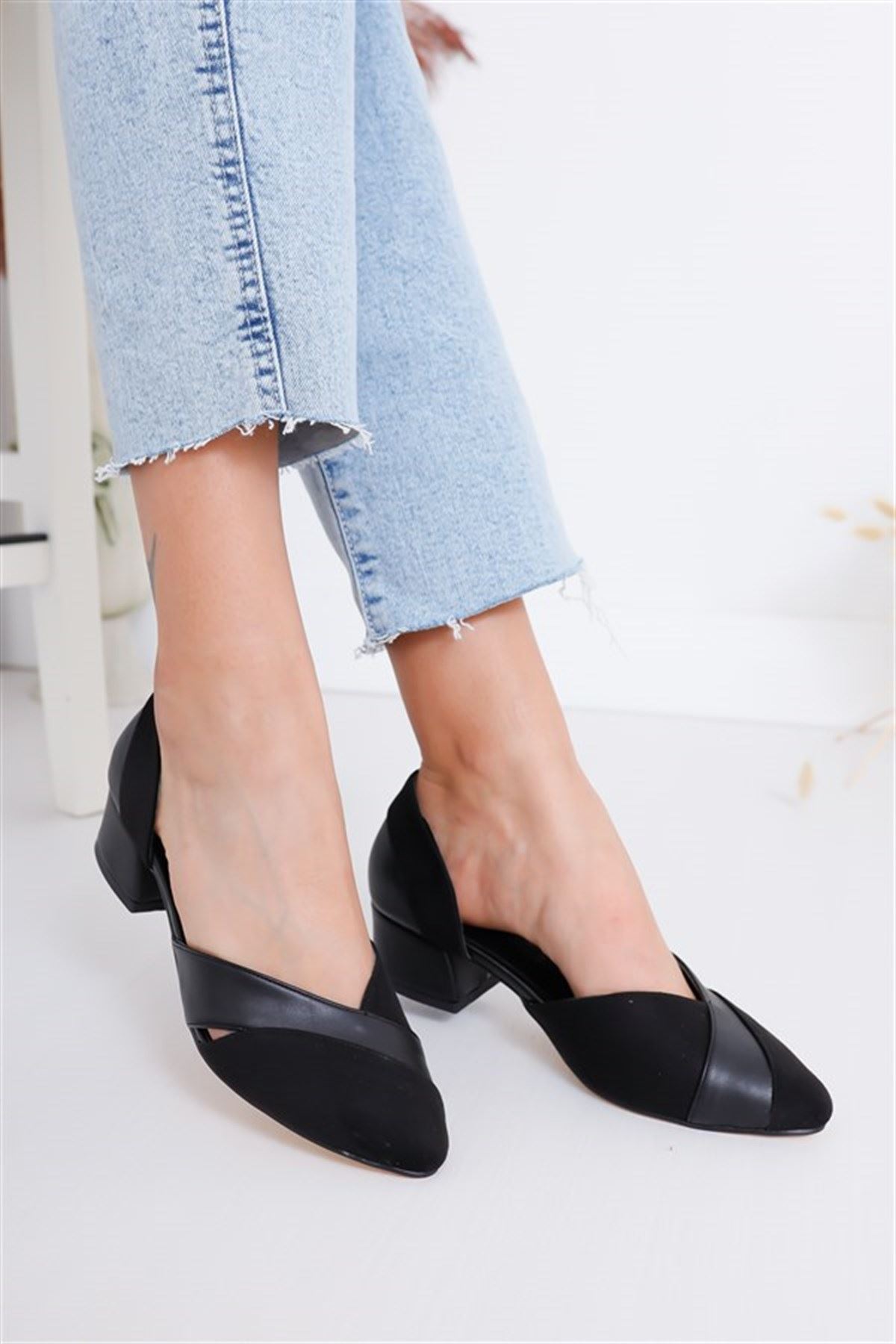 Leslie Topuklu Siyah Süet-Cilt Ayakkabı