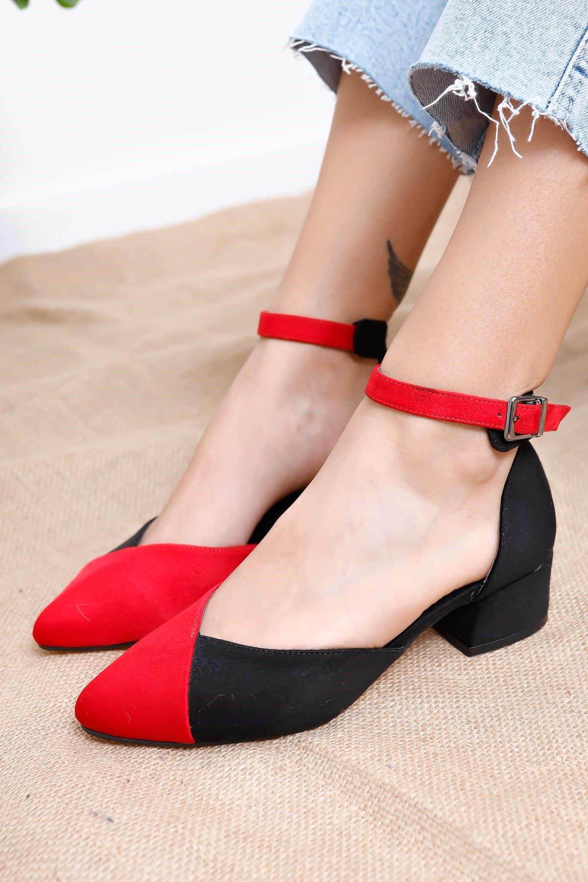 Kathy Topuklu Siyah-Kırmızı Süet Ayakkabı