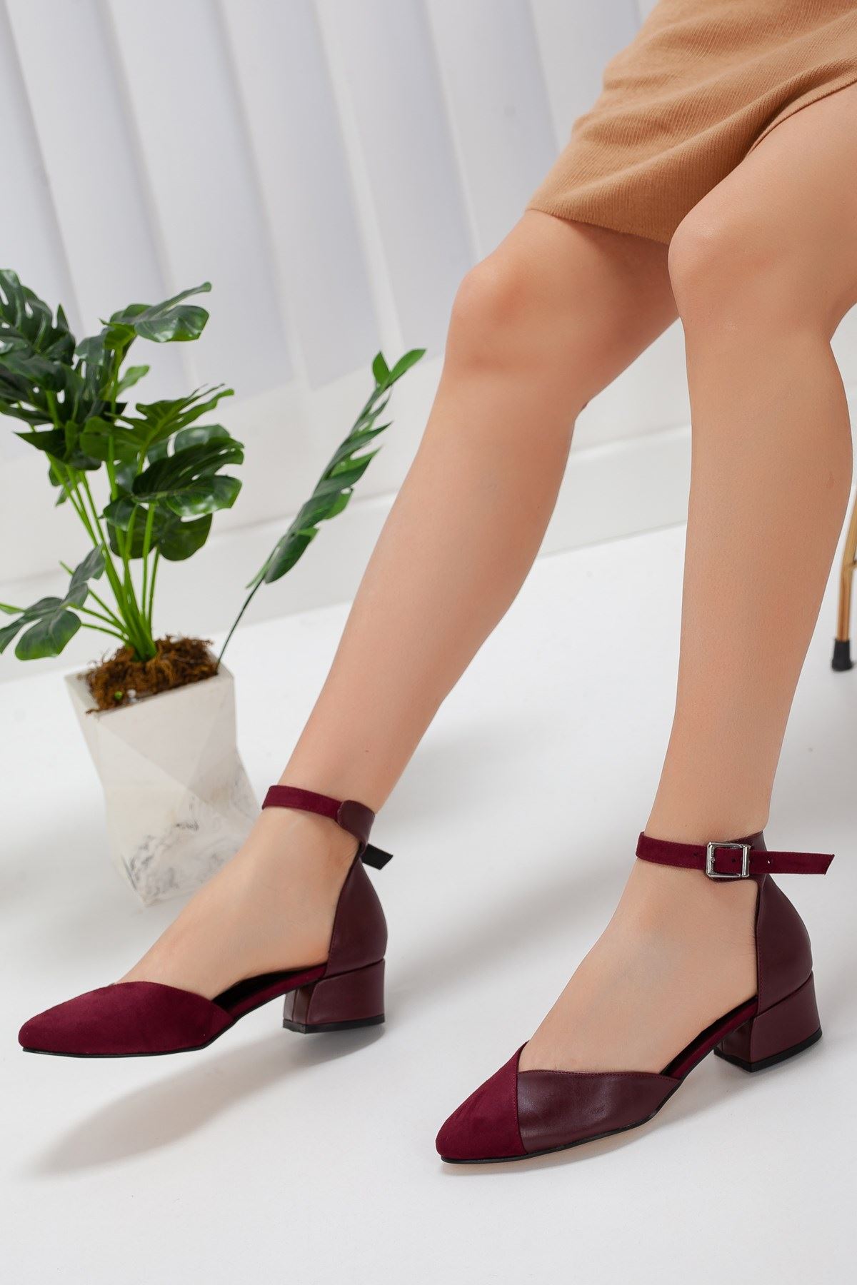 Holly Bordo Cilt-Süet Topuklu Ayakkabı