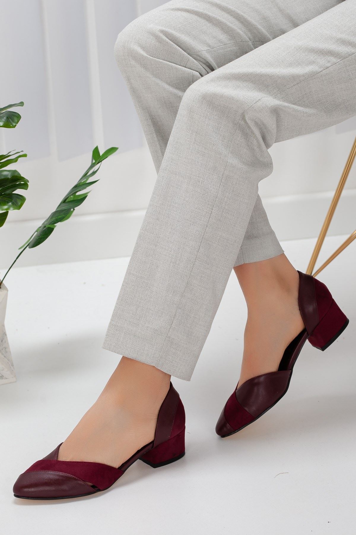 Leslie Topuklu Bordo Cilt-Süet Ayakkabı