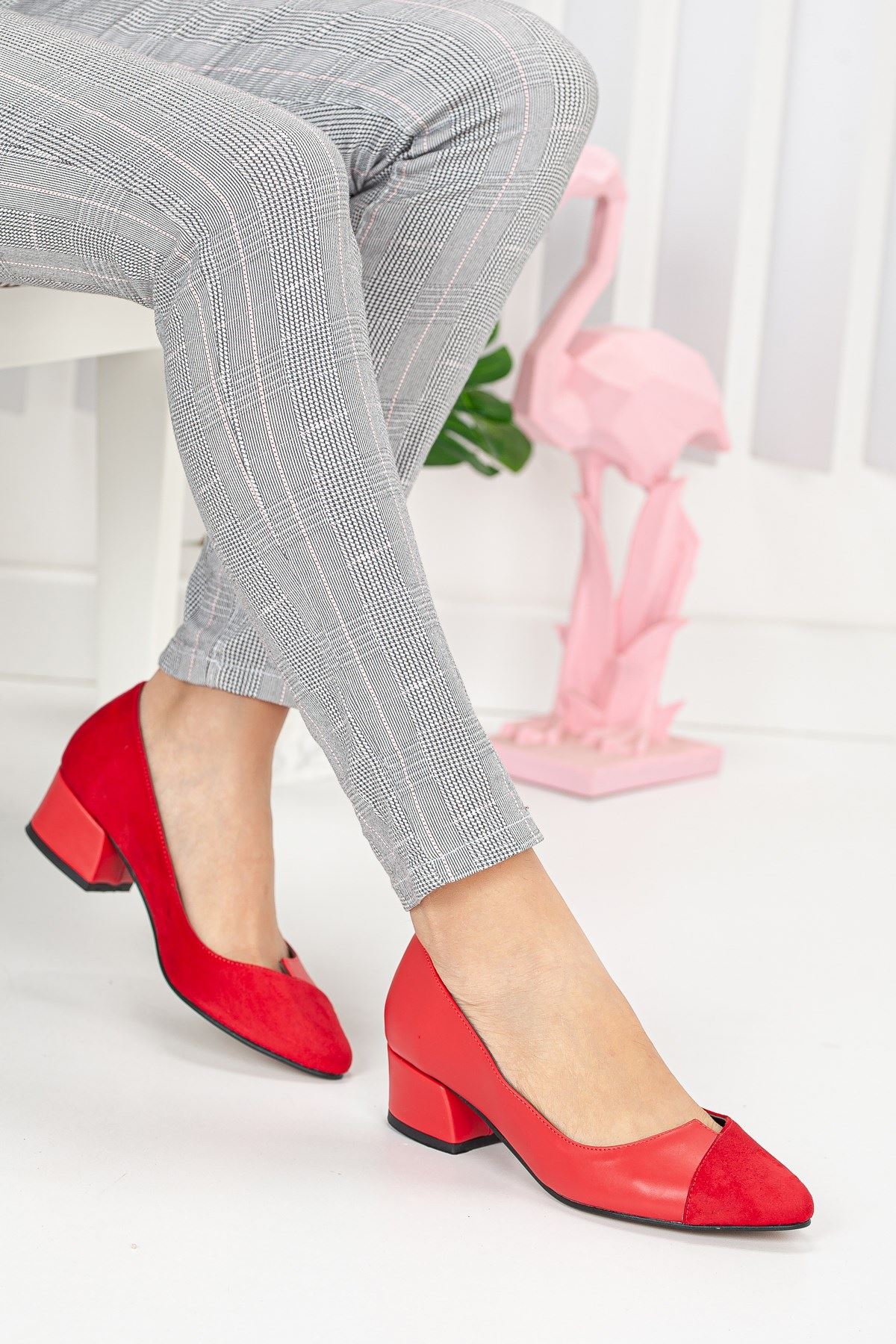 Alex Kırmızı Cilt-Süet Topuklu Ayakkabı