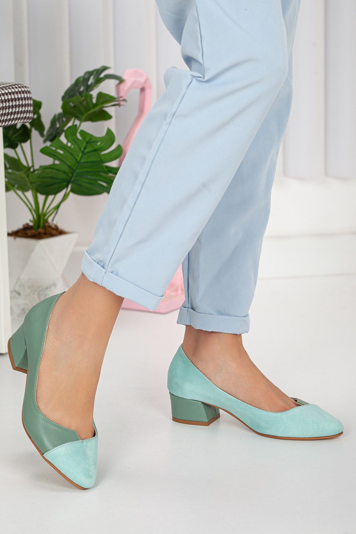 Alex Yeşil Cilt-Süet Topuklu Ayakkabı