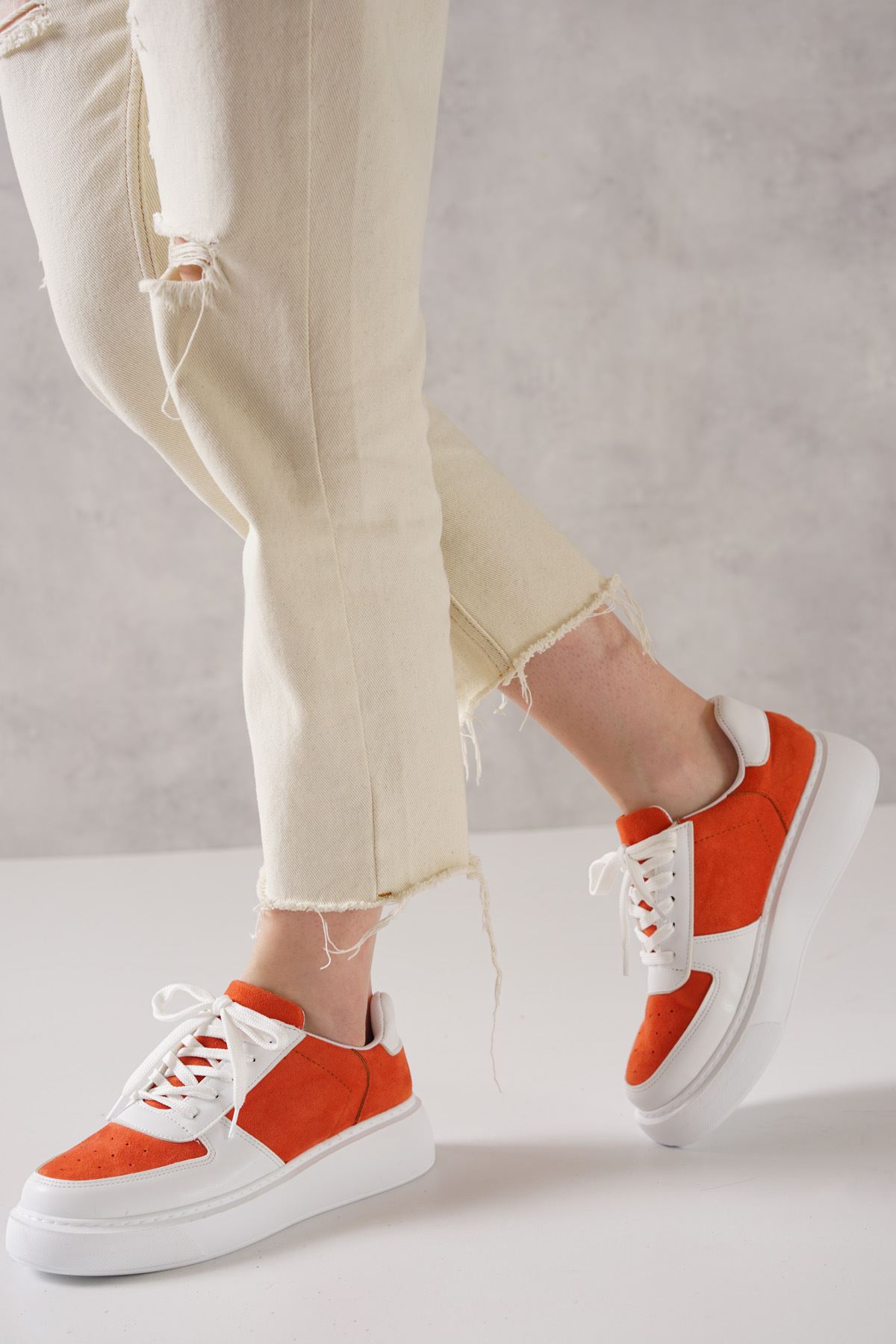 Latasha Beyaz Turuncu Cilt Kadın Spor Ayakkabı