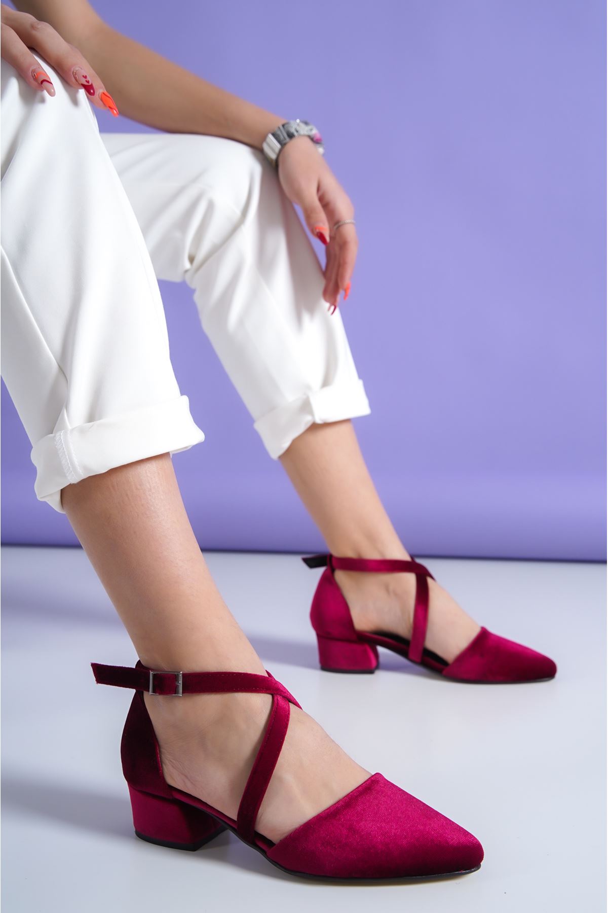 Letha Bordo Kadife Topuklu Kadın Ayakkabı