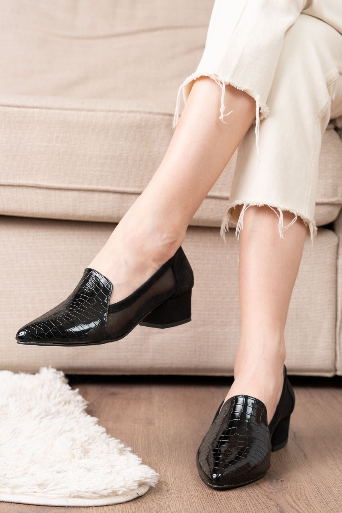 İmena Siyah Crocodile - Süet Topuklu Kadın Ayakkabı 