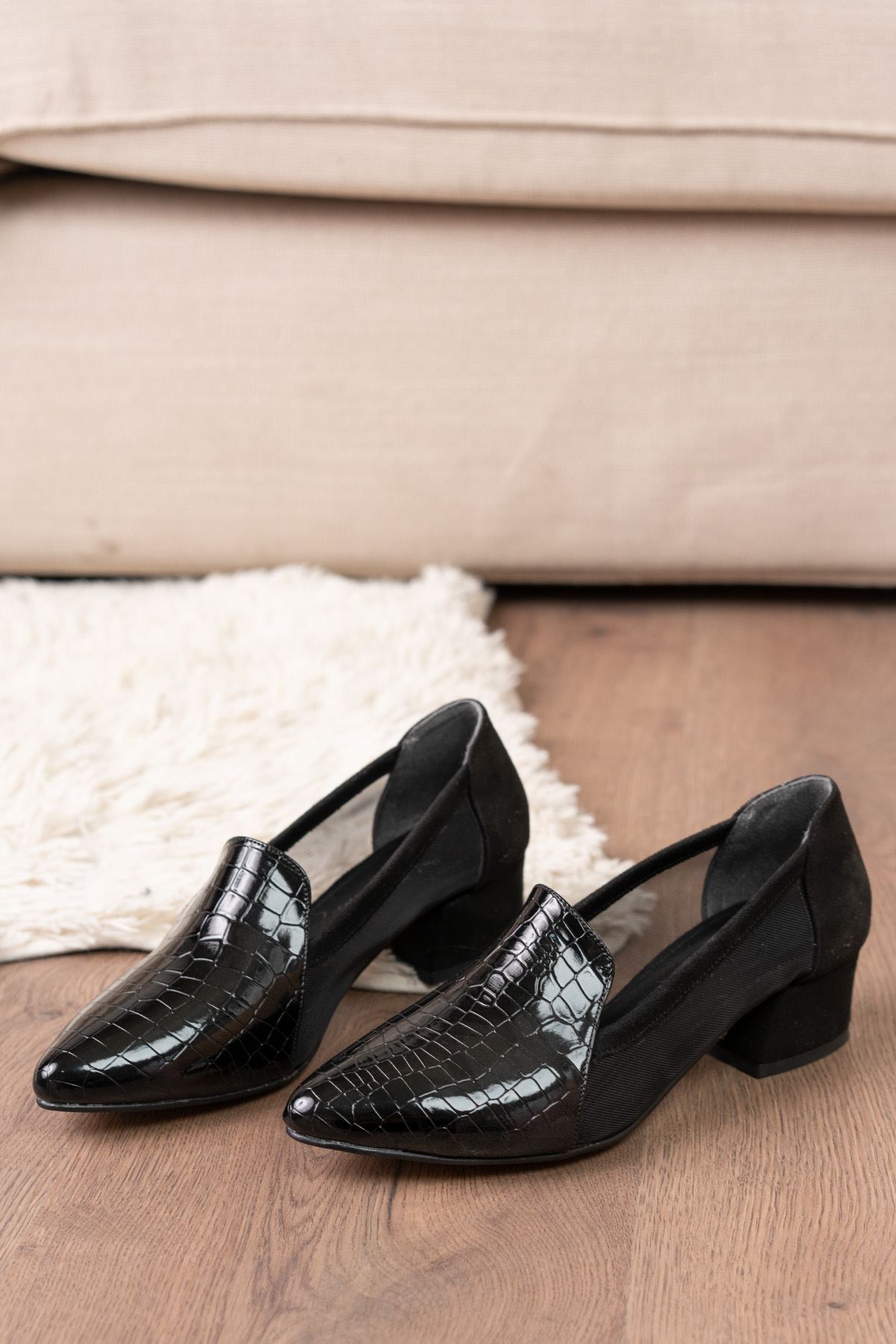 İmena Siyah Crocodile - Süet Topuklu Kadın Ayakkabı 