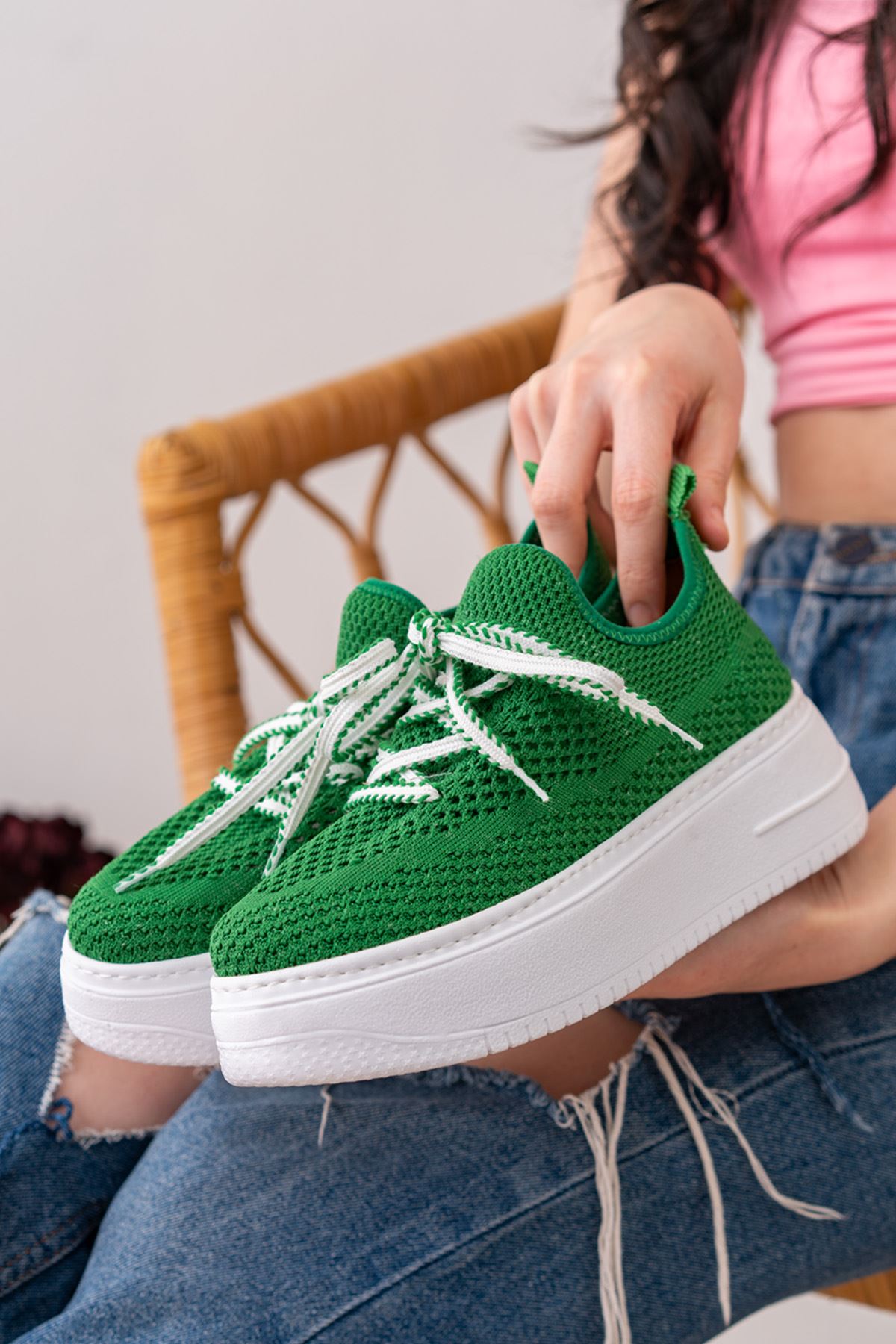 Grito Yeşil Triko Streç Kalın Tabanlı Sneakers 