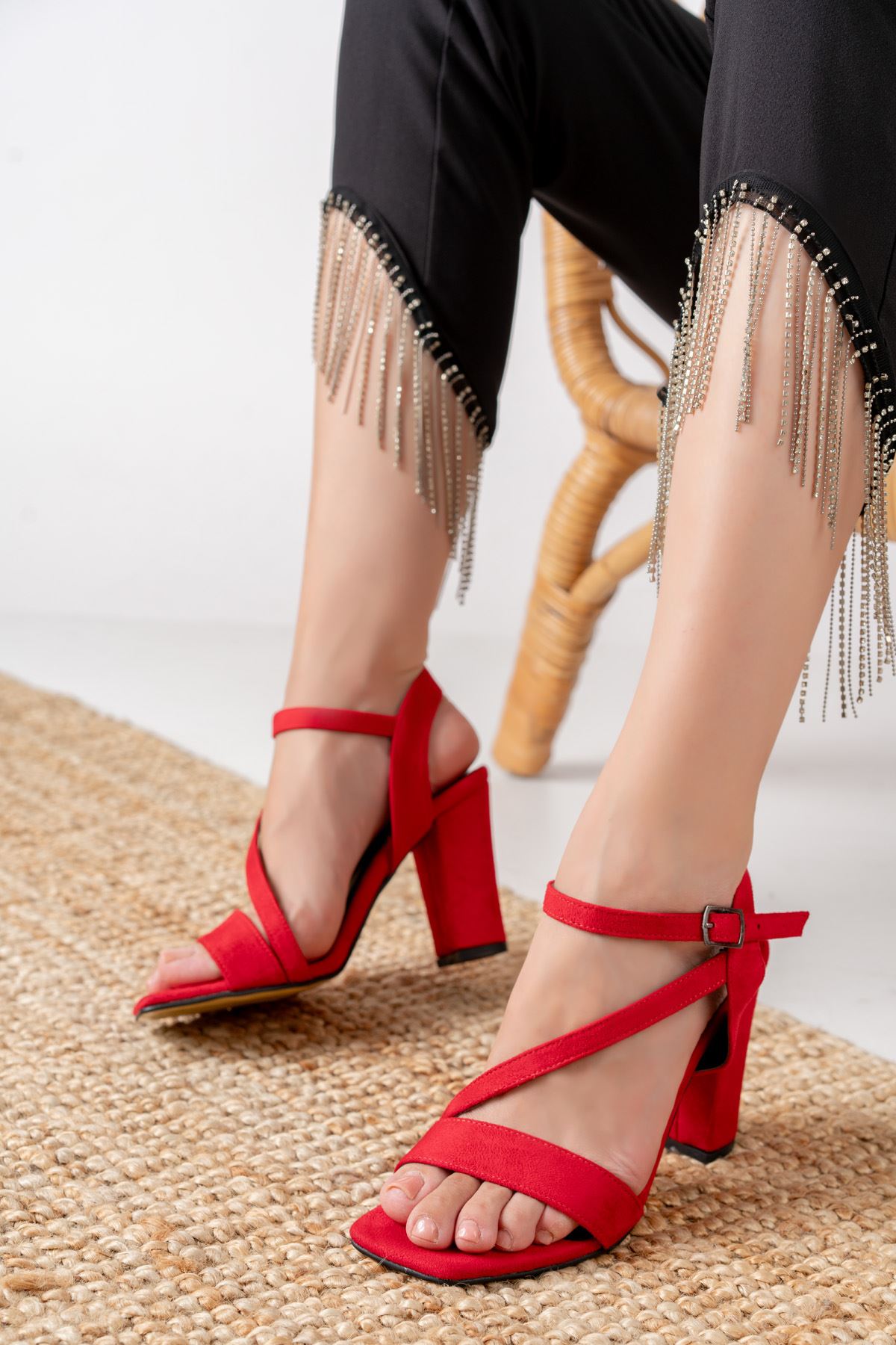Rashin Kırmızı Süet Yüksek Topuklu Kadın Ayakkabı 