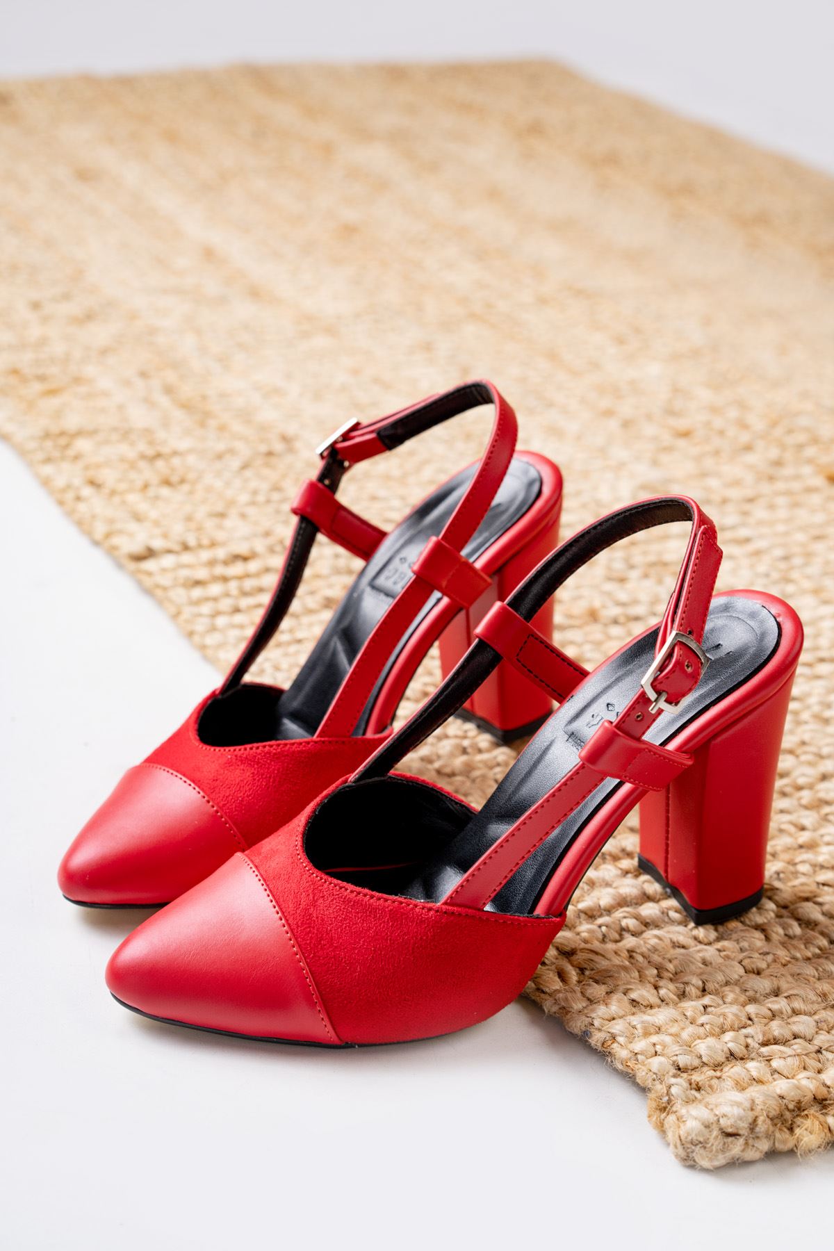 Molpo Kırmızı Cilt - Süet Yüksek Topuklu Kadın Ayakkabı  