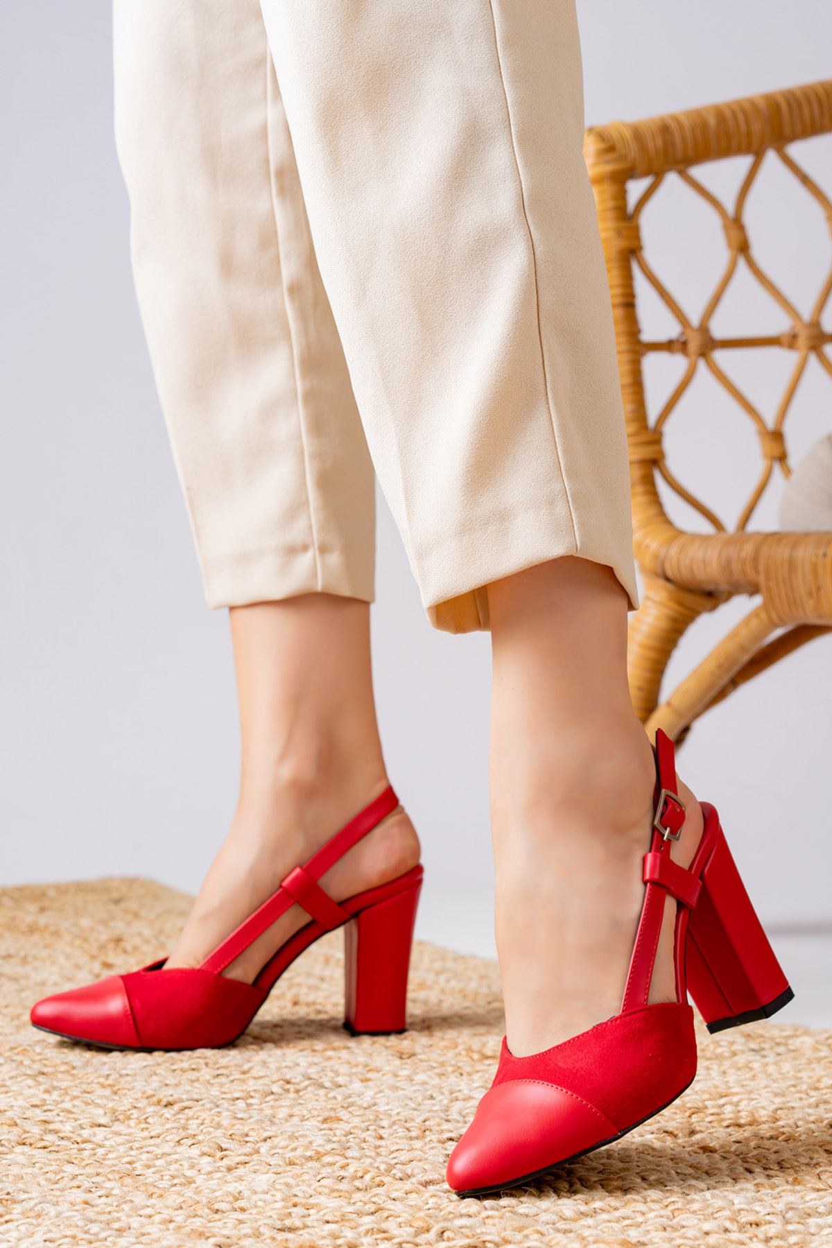 Molpo Kırmızı Cilt - Süet Yüksek Topuklu Kadın Ayakkabı  