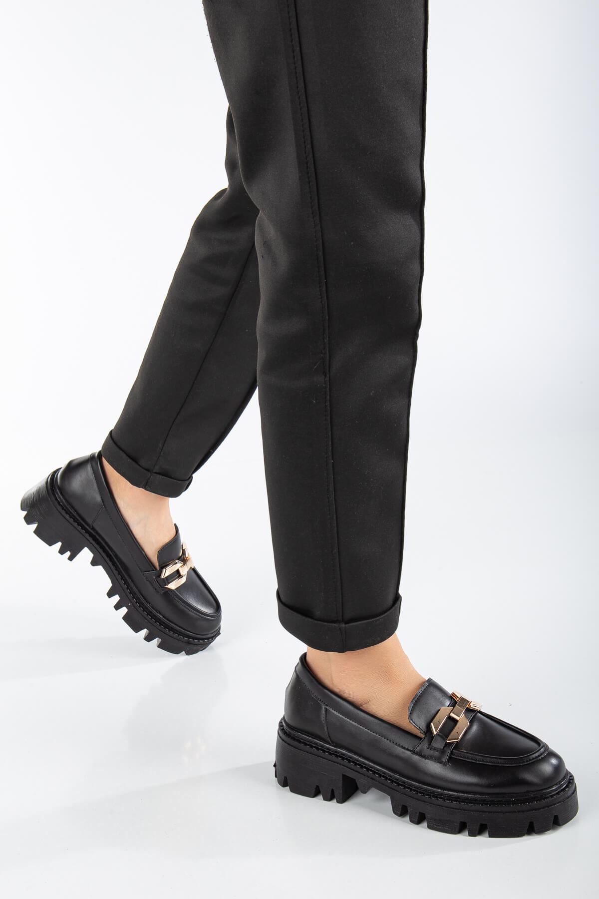 FONTO Siyah Cilt Oxford Kadın Ayakkabı
