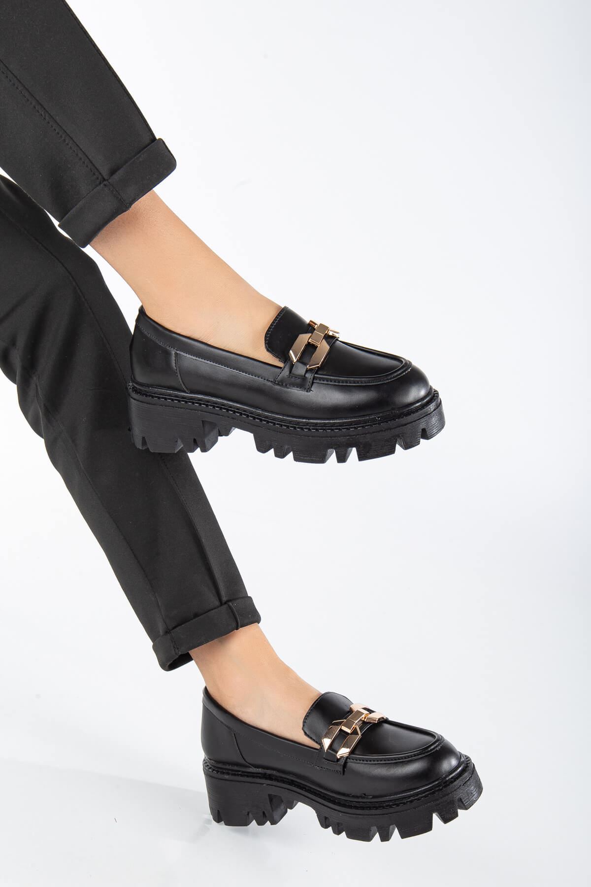 FONTO Siyah Cilt Oxford Kadın Ayakkabı