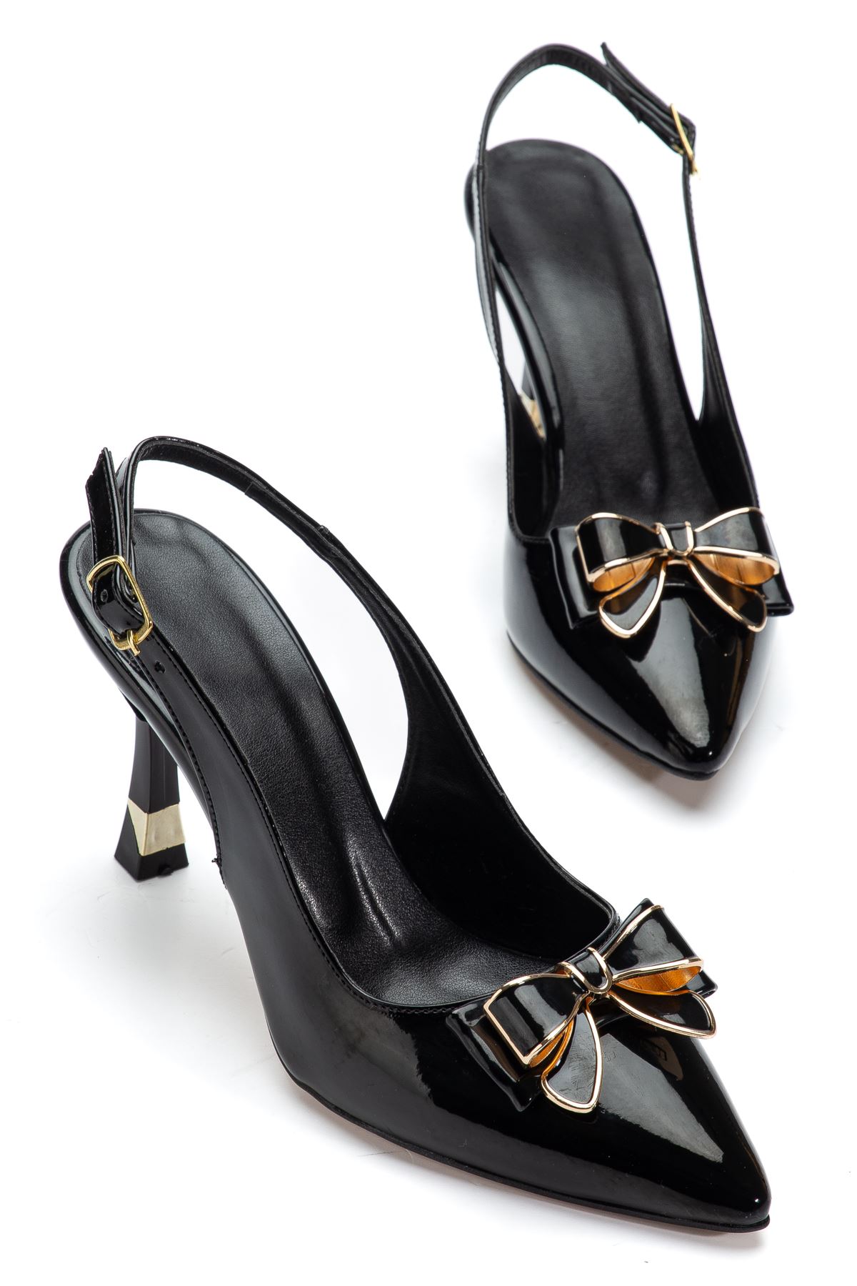 Kadın Siyah Rugan Kurdele Detaylı Özel Tasarım İnce Topuklu Ayakkabı  