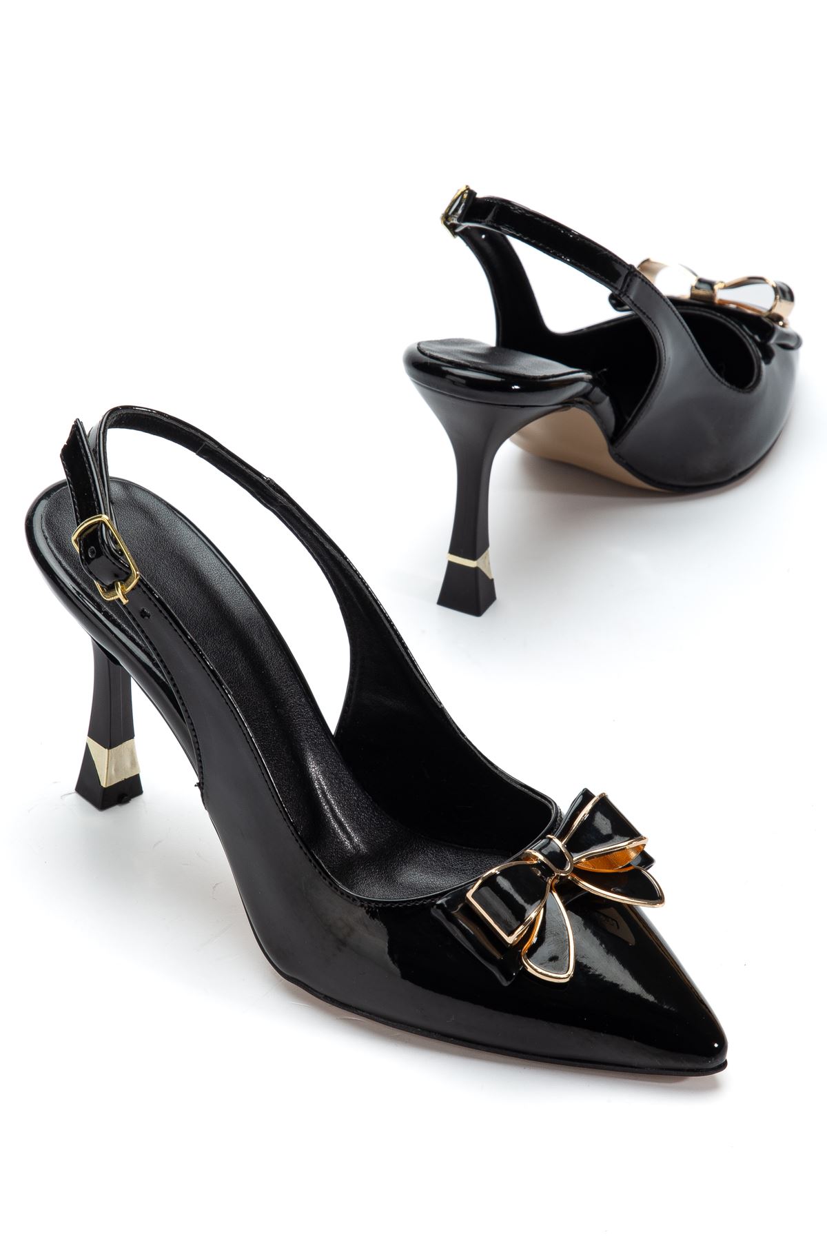 Kadın Siyah Rugan Kurdele Detaylı Özel Tasarım İnce Topuklu Ayakkabı  