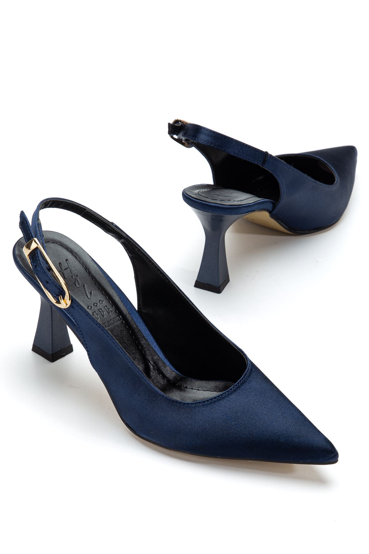 Kadın Lacivert Saten Arka Açık Sivri İnce Topuklu Ayakkabı 
