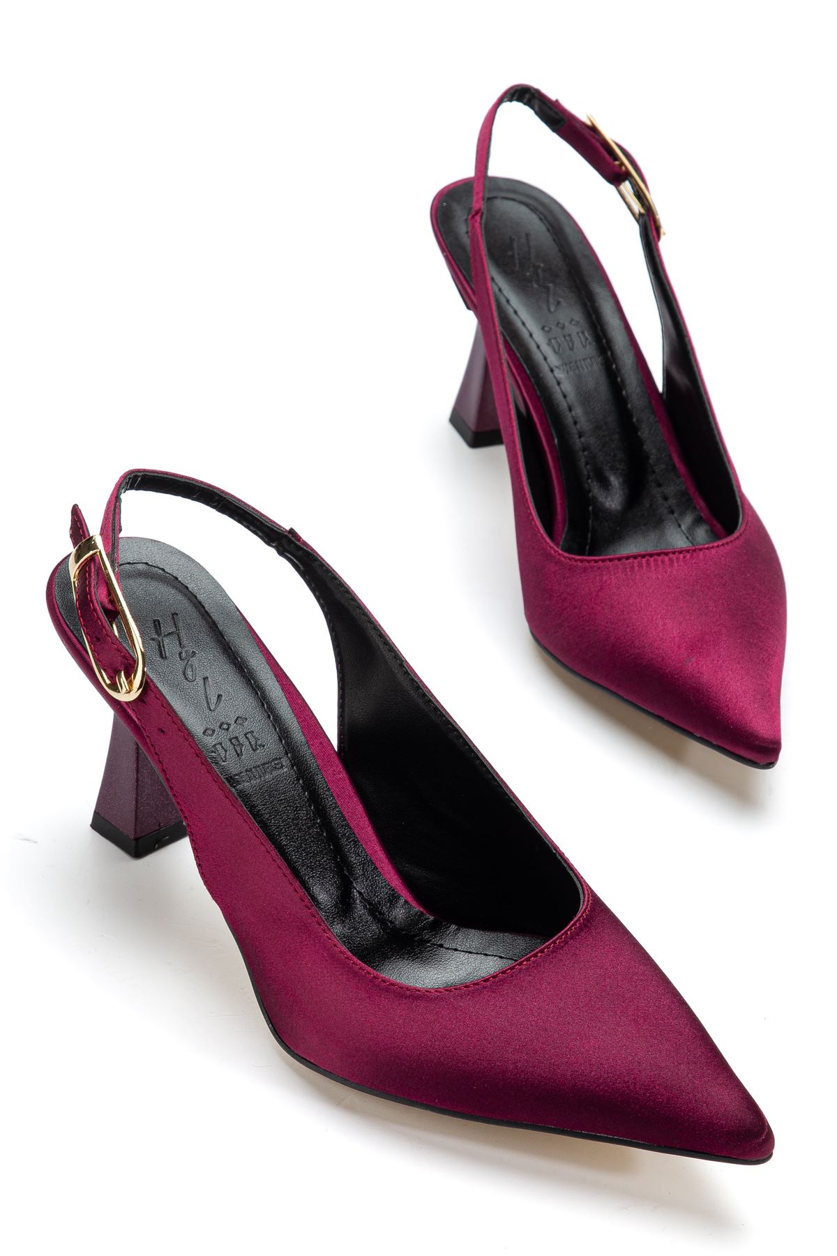 Kadın Bordo Saten Arka Açık Sivri İnce Topuklu Ayakkabı  