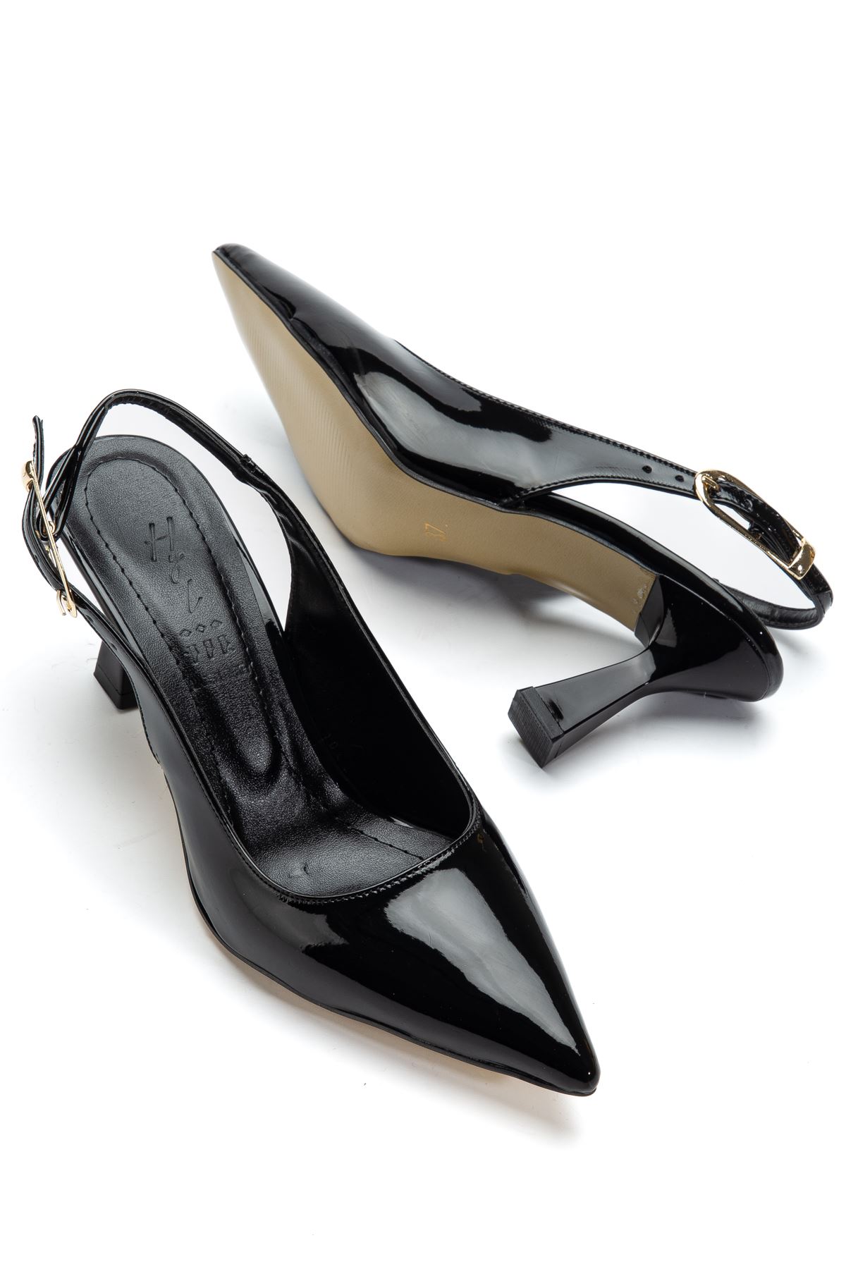 Kadın Siyah Rugan Arka Açık Sivri İnce Topuklu Ayakkabı 