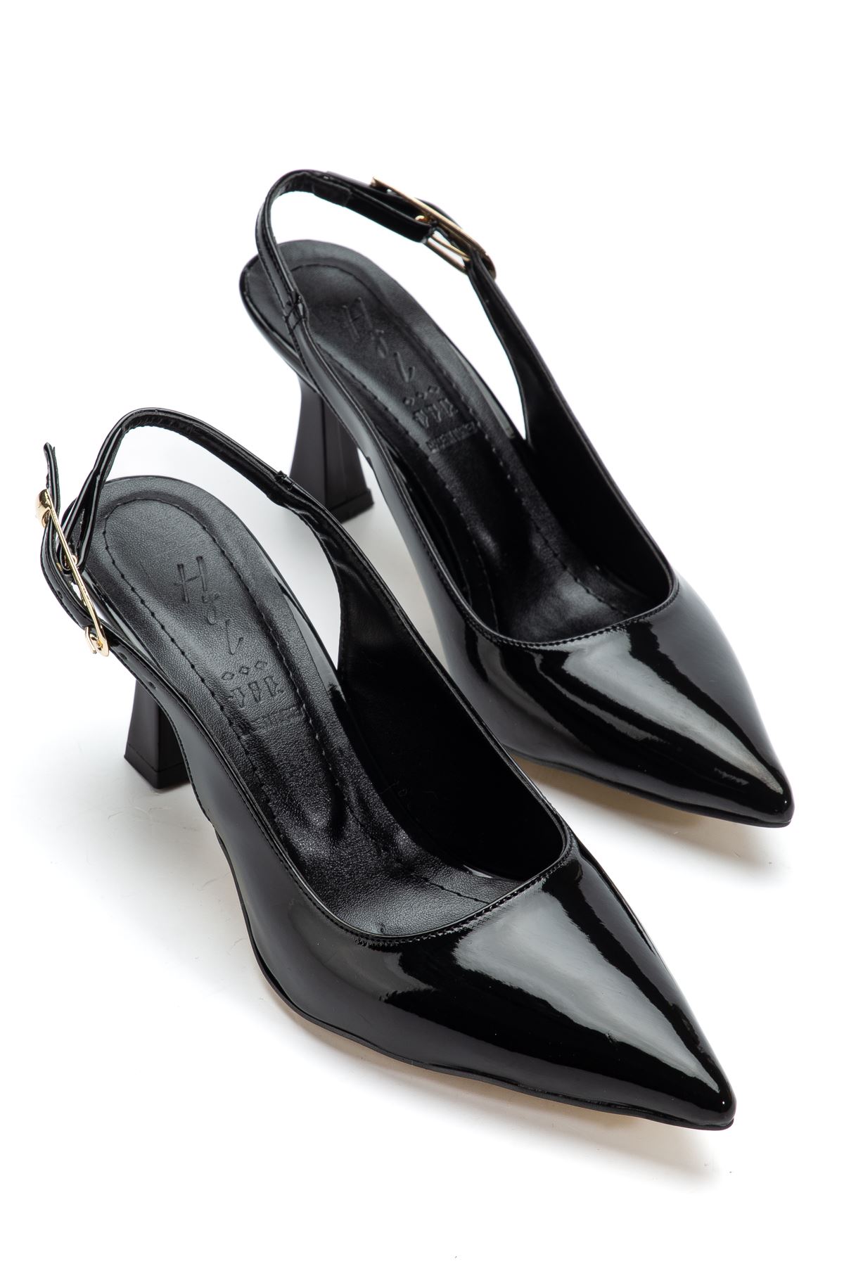 Kadın Siyah Rugan Arka Açık Sivri İnce Topuklu Ayakkabı 