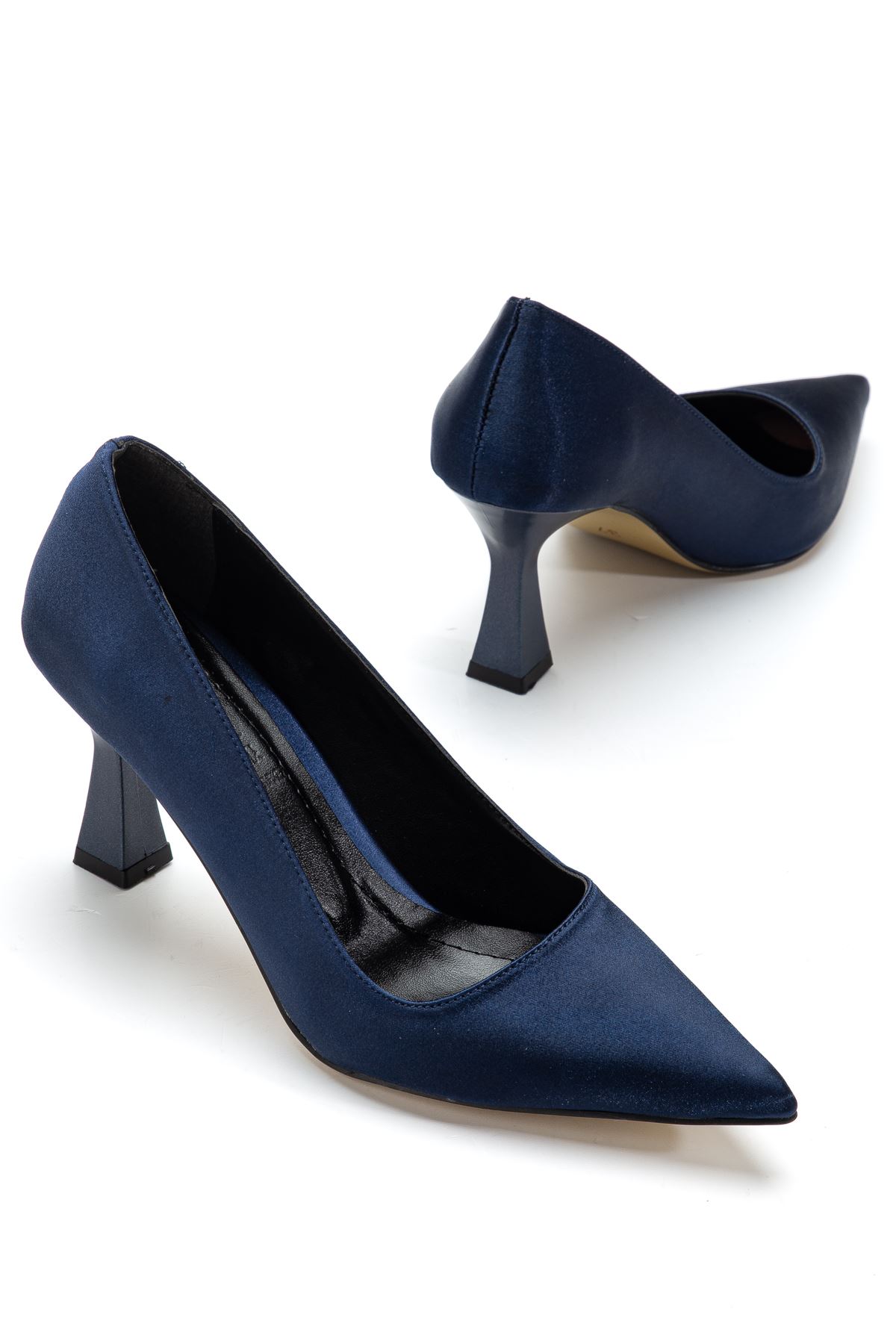 Kadın Lacivert Saten Sivri Burun İnce Topuklu Stiletto  