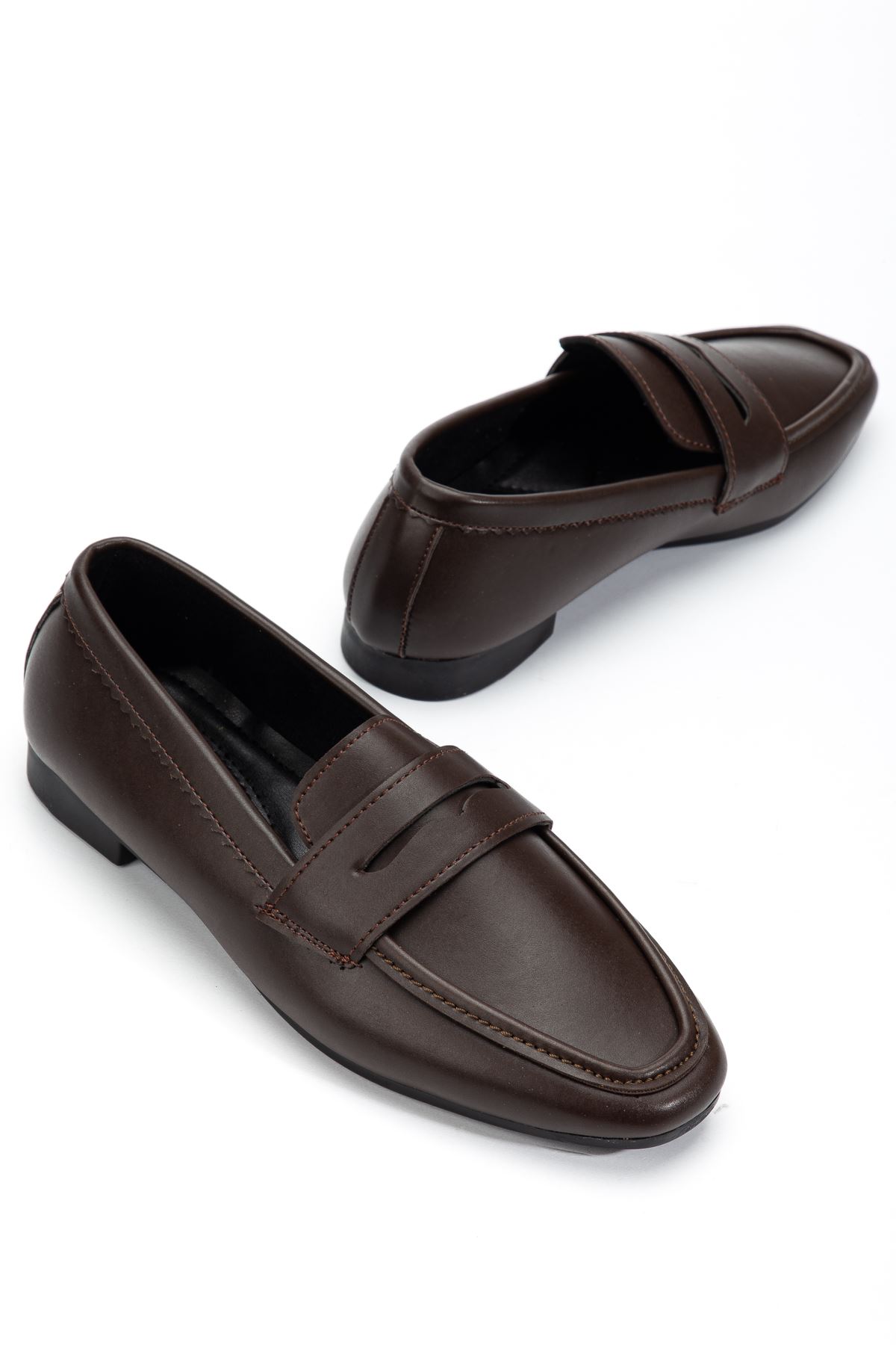 Kadın Acı Kahve Cilt Klasik Düz Taban Hafif Ortopedik Babet  