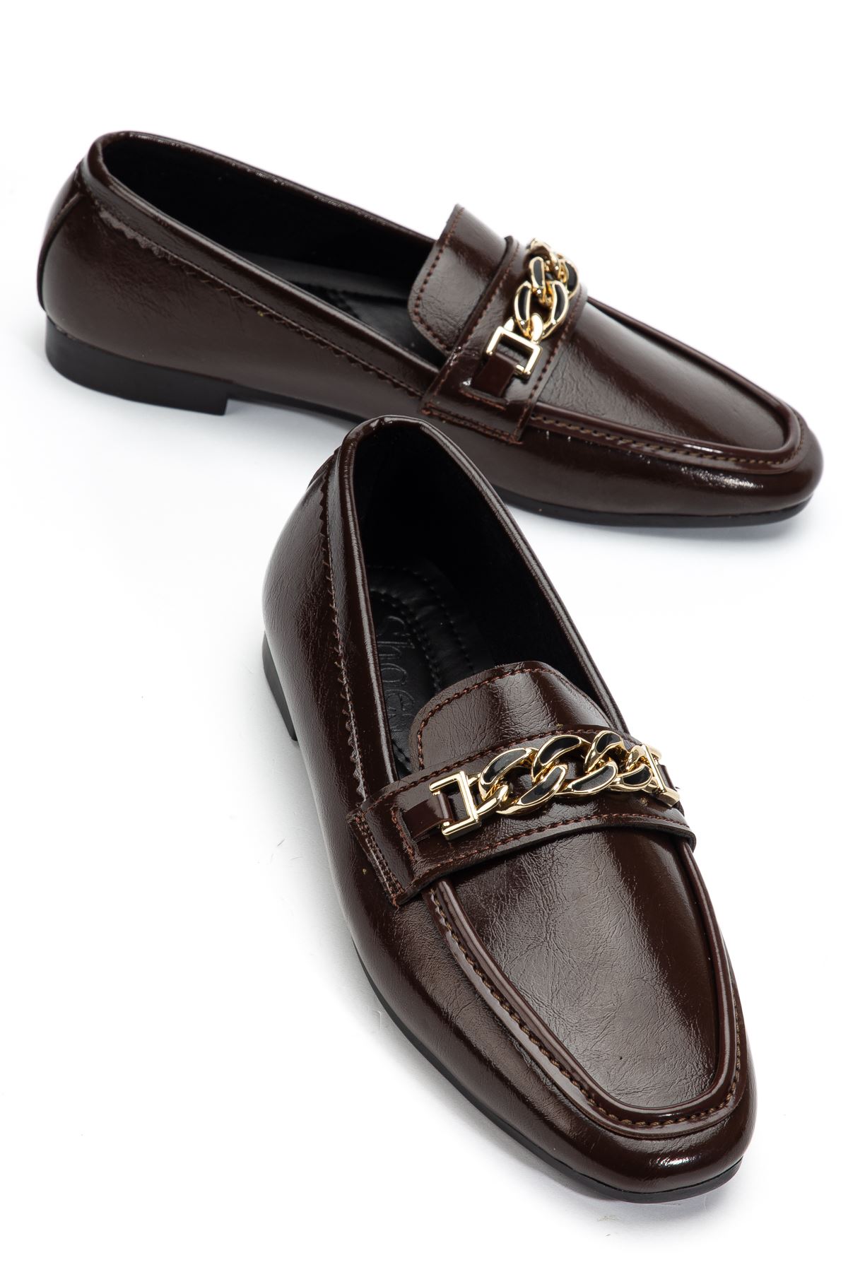 Kadın Acı Kahve Parlak Cilt Tokalı Babet    