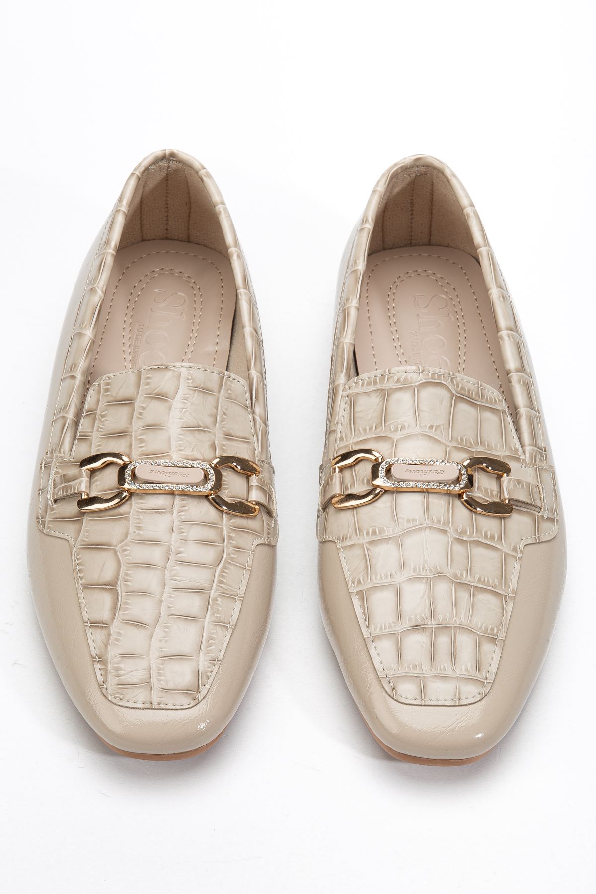 Kadın Bej Crocodile Parlak Cilt Tokalı Babet  