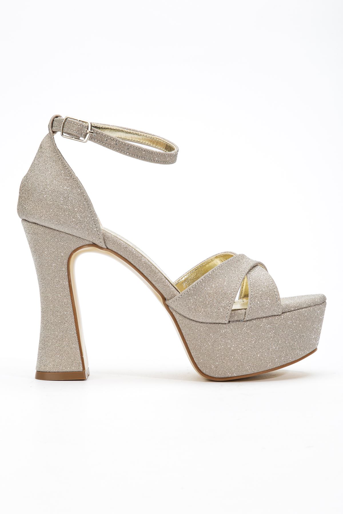 Kadın Gold Simli Platform Topuklu Abiye Ayakkabı 
