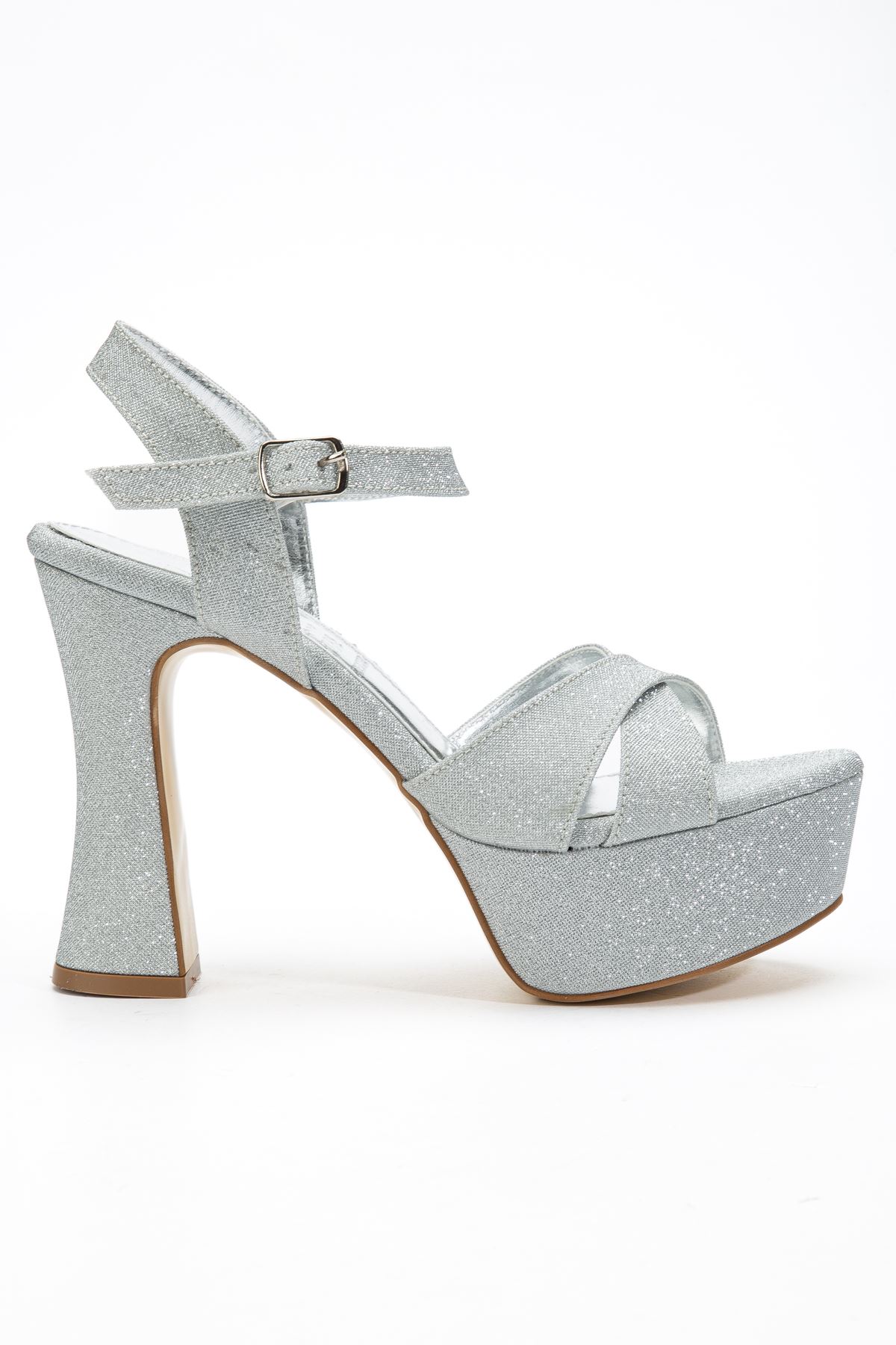 Kadın Gümüş Simli Arka Açık Platform Topuklu Abiye Ayakkabı 