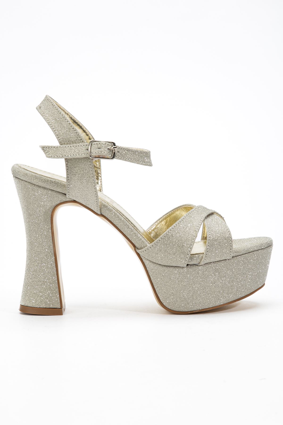 Kadın Gold Simli Arka Açık Platform Topuklu Abiye Ayakkabı 
