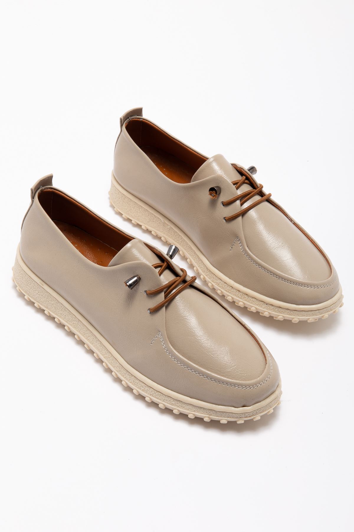 Kadın Bej İçi Hakiki Deri Bağcıklı Ortopedik Babet