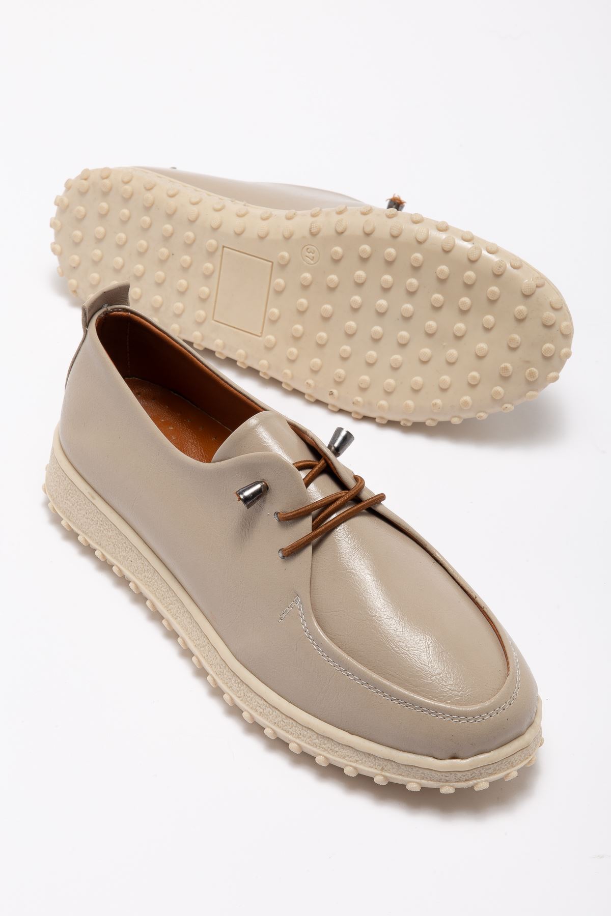 Kadın Bej İçi Hakiki Deri Bağcıklı Ortopedik Babet