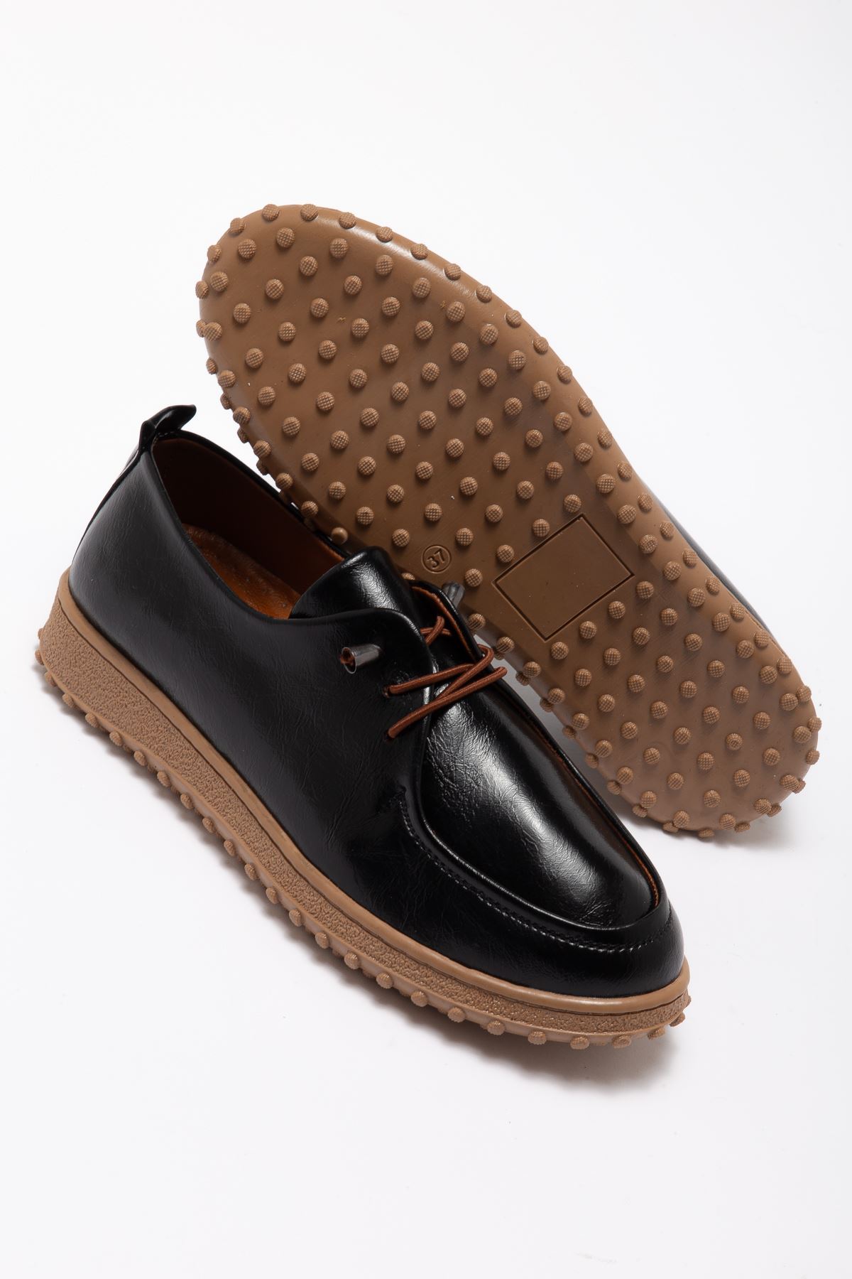 Kadın Siyah İçi Hakiki Deri Bağcıklı Ortopedik Babet