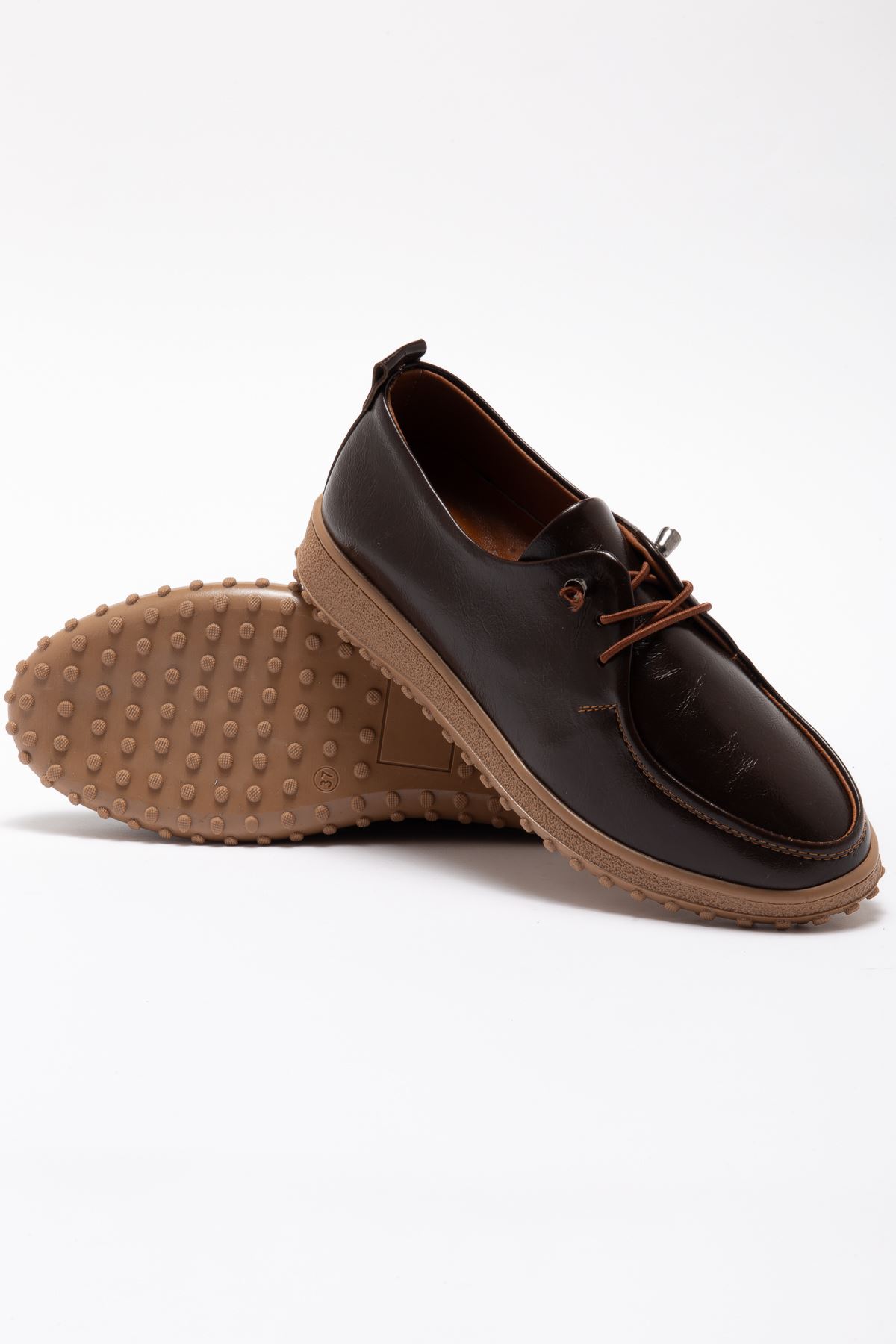 Kadın Kahve İçi Hakiki Deri Bağcıklı Ortopedik Babet 