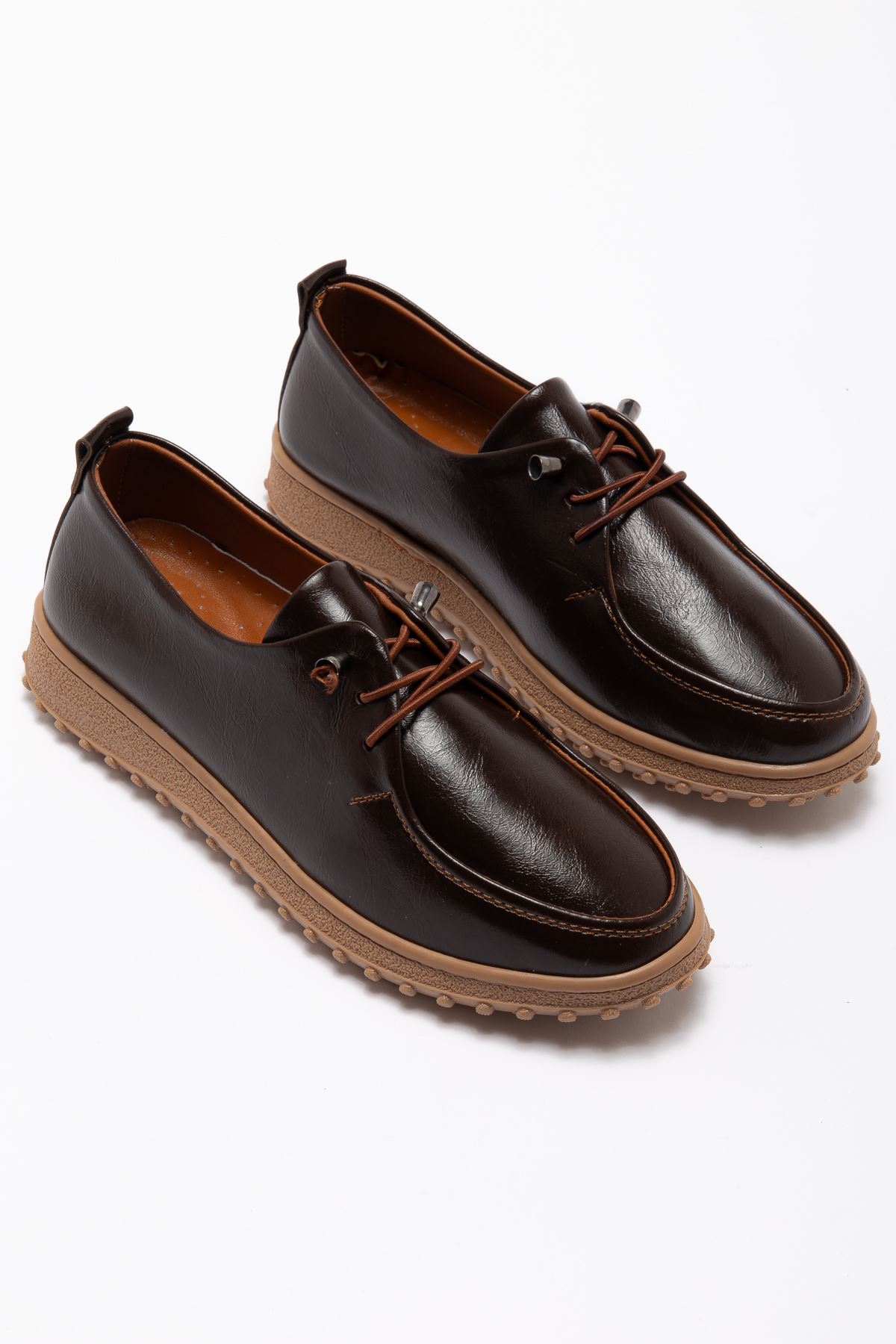 Kadın Kahve Hakiki Deri Bağcıklı Ortopedik Babet 