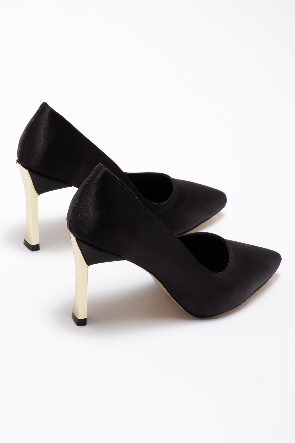 Kadın Siyah Saten Gold Ökçe Sivri Burun İnce Topuklu Stiletto