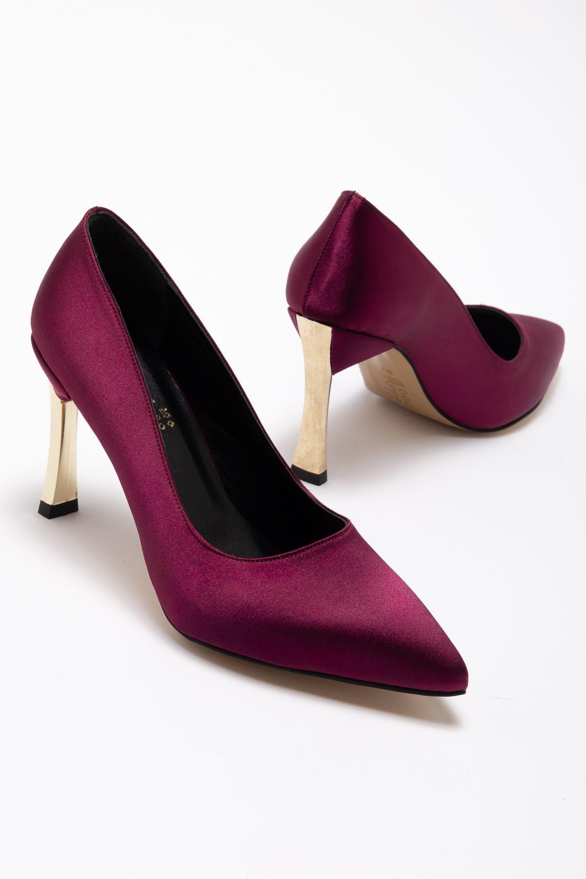 Kadın Bordo Saten Gold Ökçe Sivri Burun İnce Topuklu Stiletto 