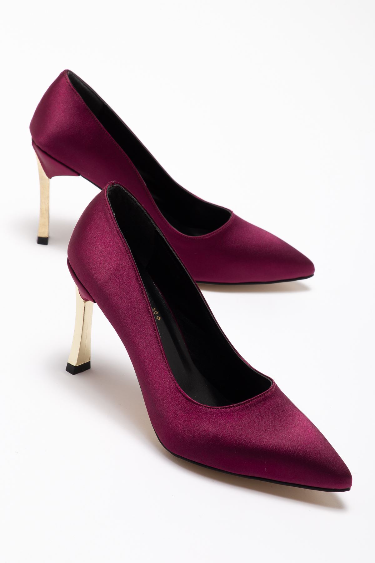 Kadın Bordo Saten Gold Ökçe Sivri Burun İnce Topuklu Stiletto 