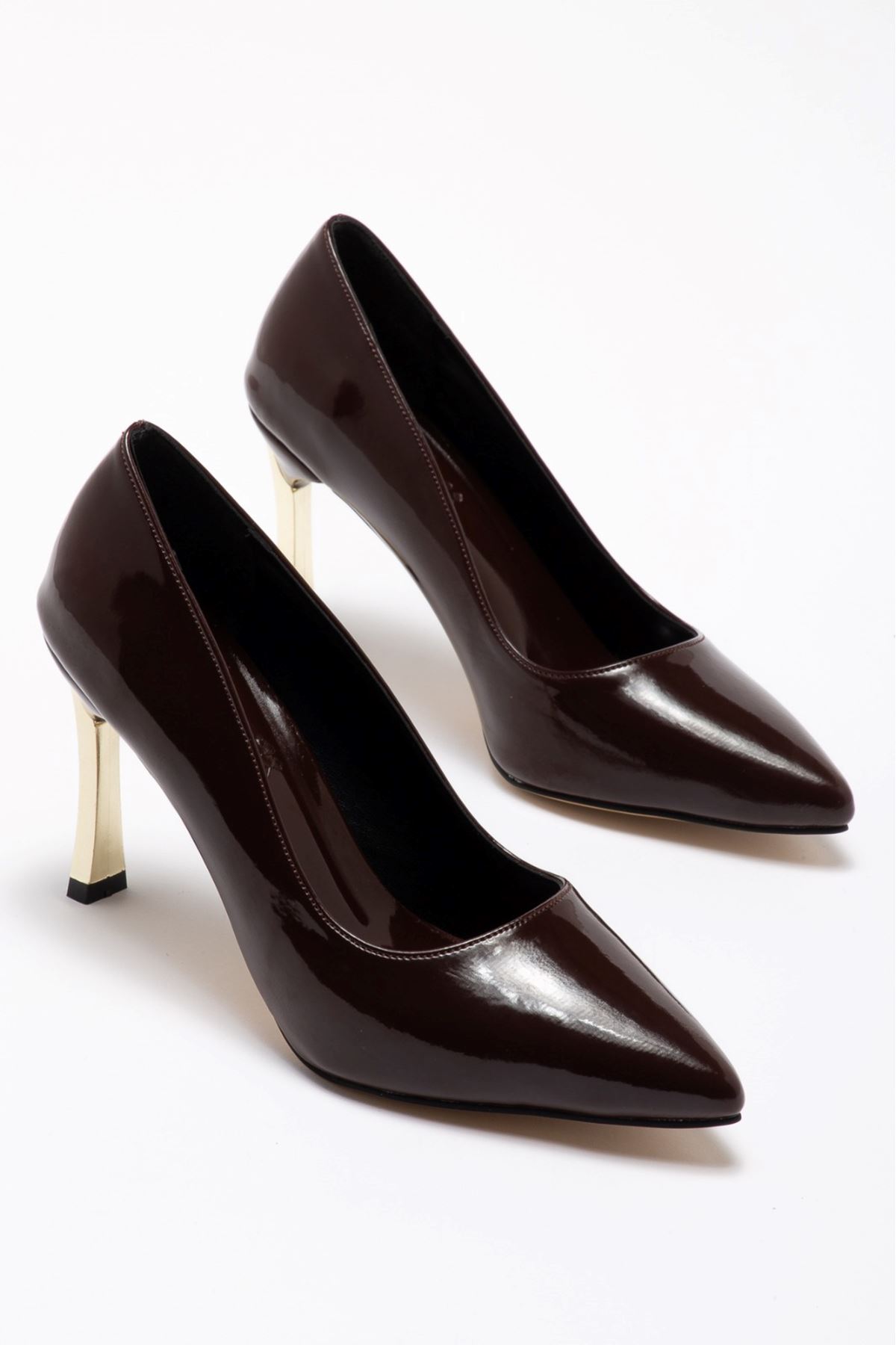 Kadın Acı Kahve Rugan Gold Ökçe Sivri Burun İnce Topuklu Stiletto