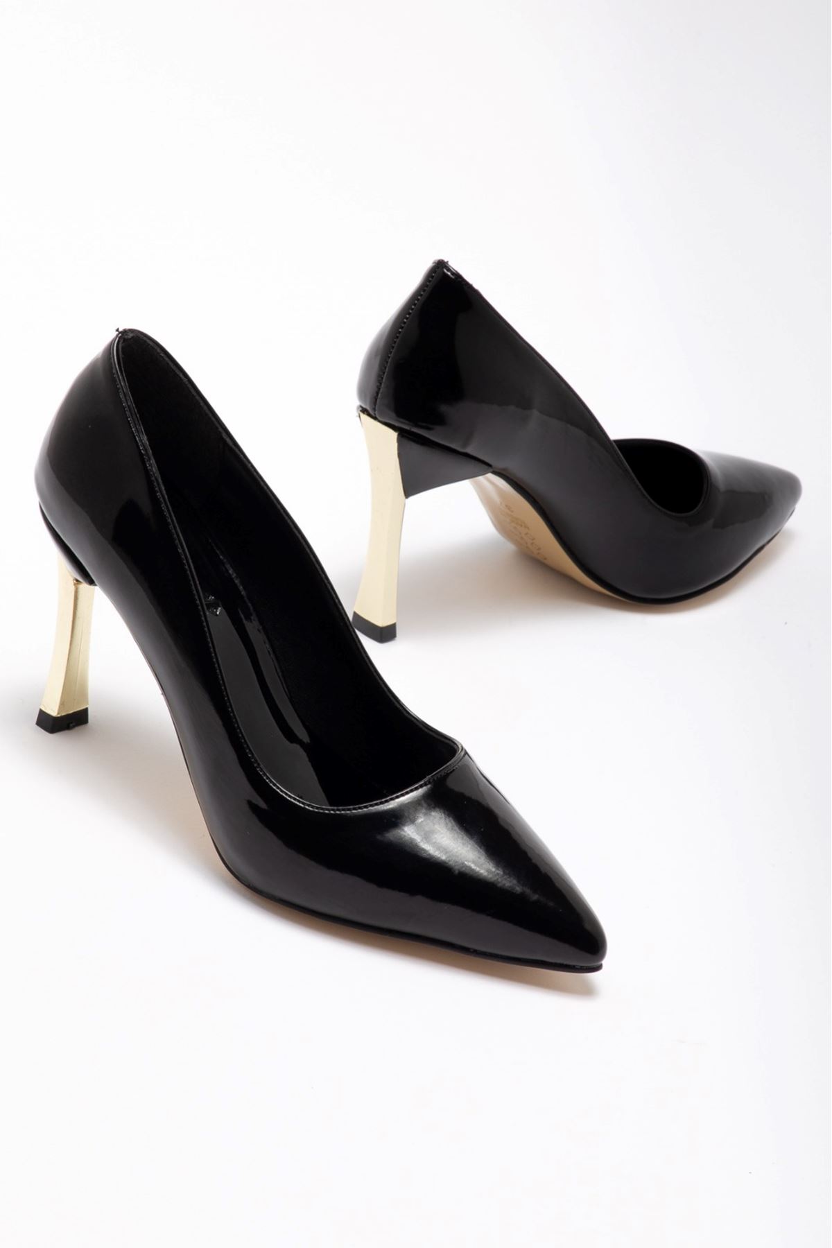 Kadın Siyah Rugan Gold Ökçe Sivri Burun İnce Topuklu Stiletto