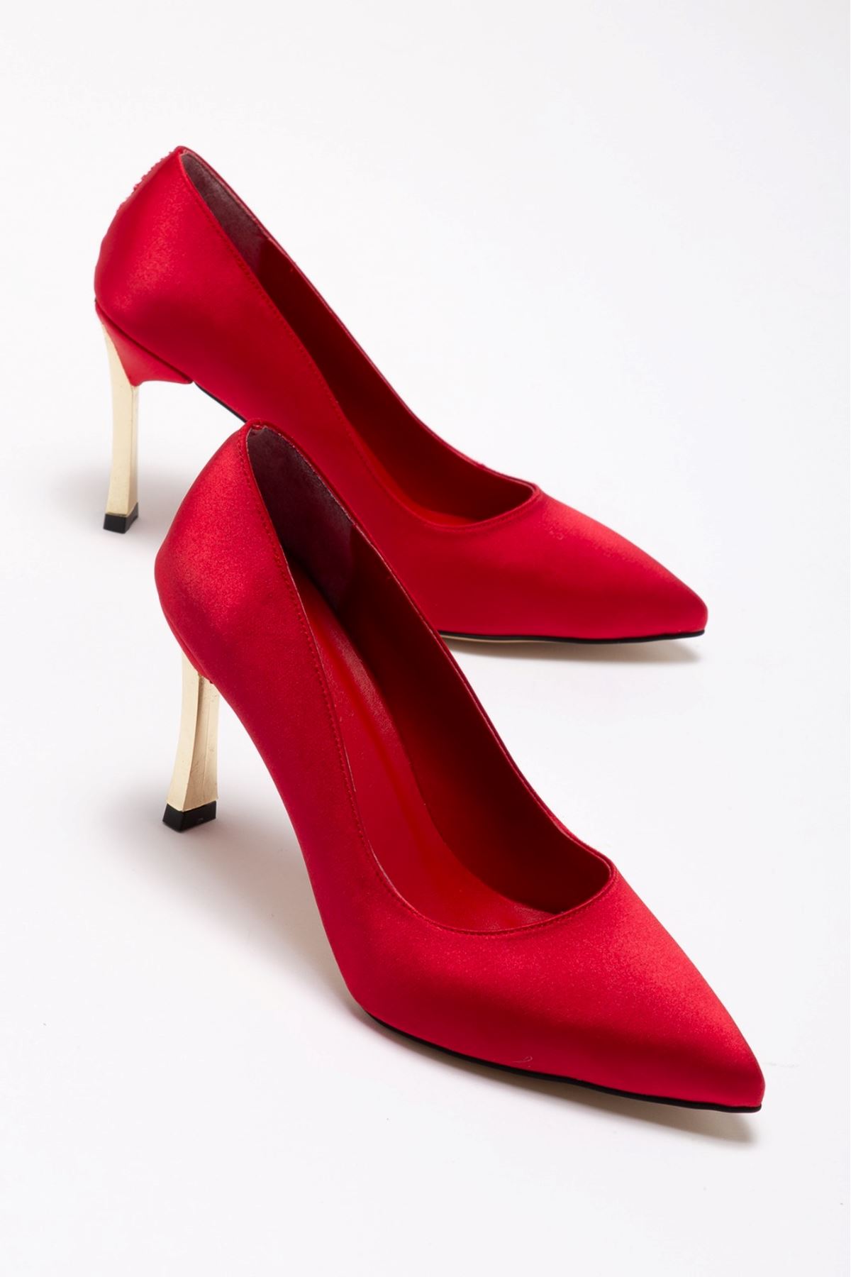 Kadın Kırmızı Saten Gold Ökçe Sivri Burun İnce Topuklu Stiletto