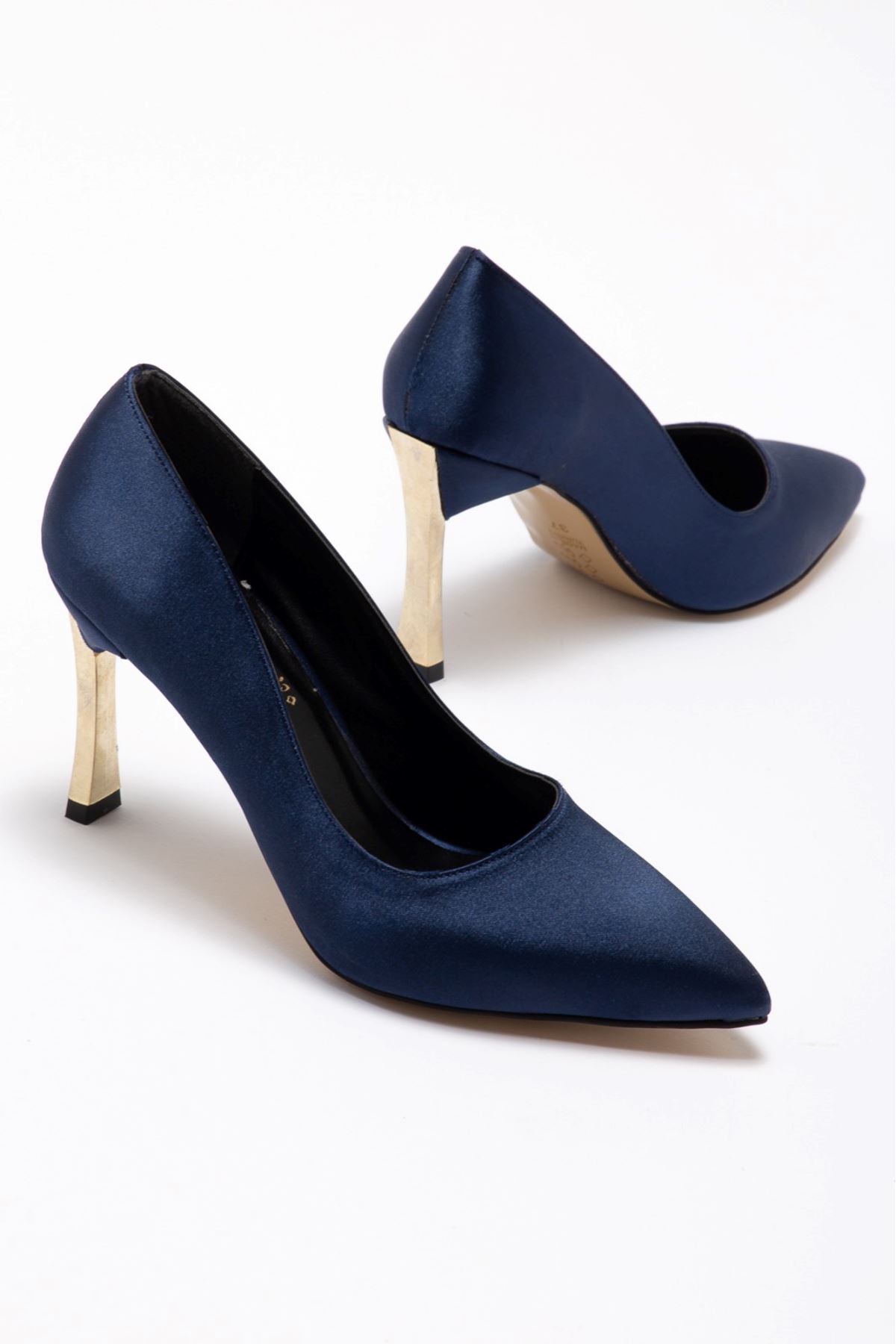 Kadın Lacivert Saten Gold Ökçe Sivri Burun İnce Topuklu Stiletto