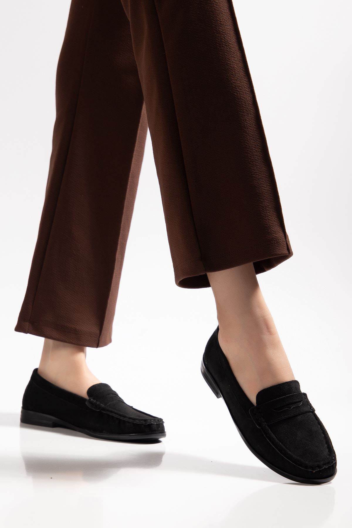  Kadın Siyah Süet Termo Kaymaz Taban Babet