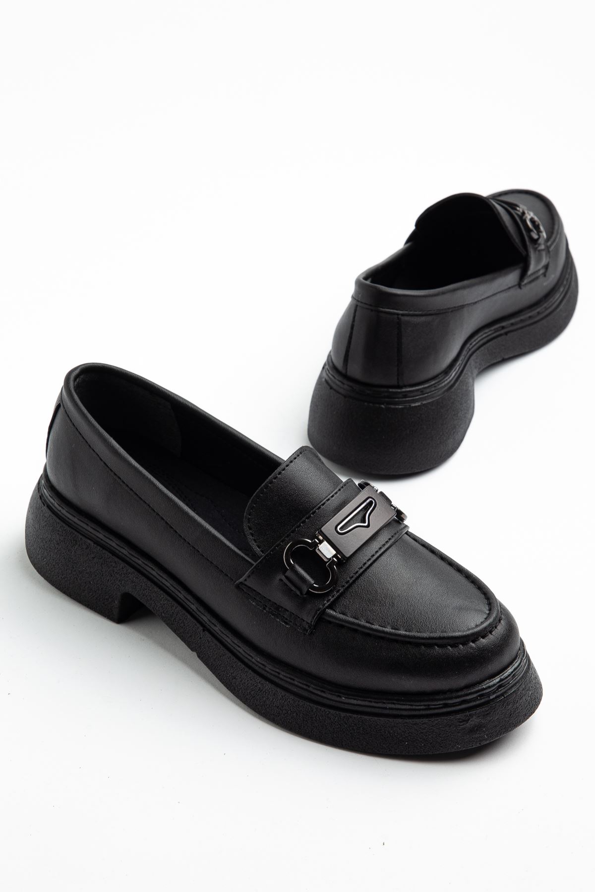 Dayna Kadın Siyah Cilt Yüksek Tabanlı Tokalı Loafer Ayakkabı 