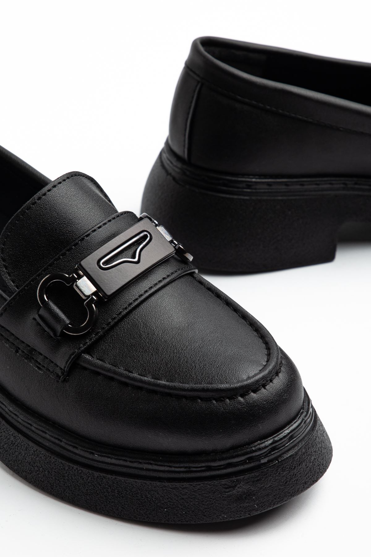 Dayna Kadın Siyah Cilt Yüksek Tabanlı Tokalı Loafer Ayakkabı 