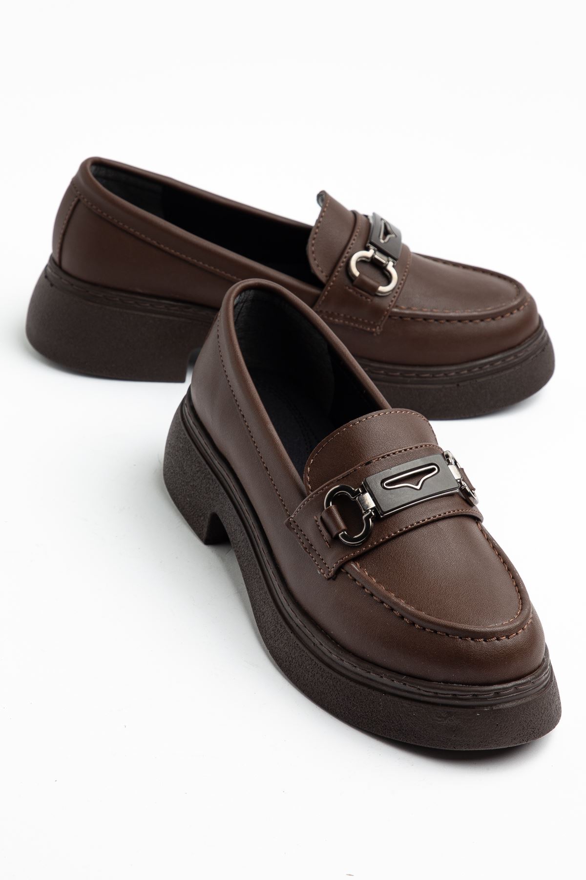 Dayna Kadın Kahverengi Cilt Yüksek Tabanlı Tokalı Loafer Ayakkabı  